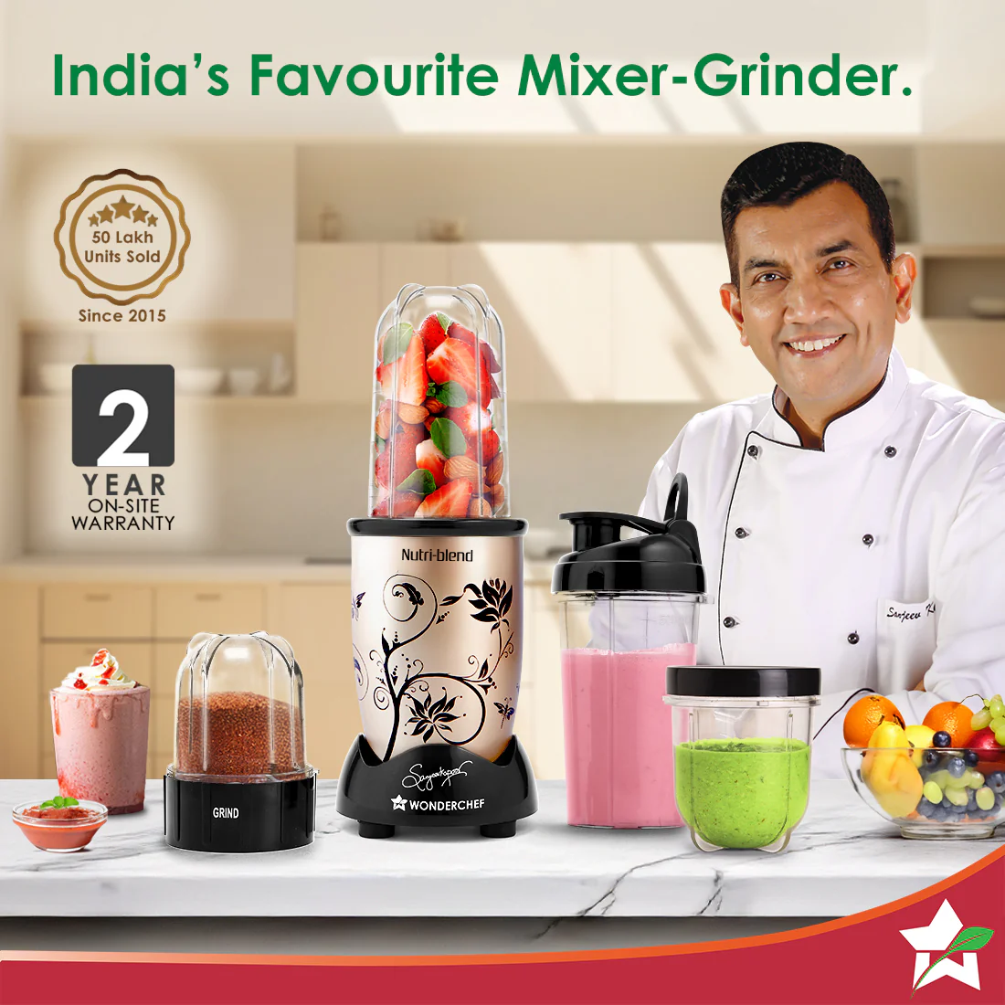 Nutri-blend 500W Mixer Grinder, 22000 RPM Motor, Smoothie Maker, Masala Grinder, Chutney Blender, 3 Unbreakable Jars & Sipper Jar, Recipe Book by Chef Sanjeev Kapoor, 2 Yr Warranty, Champagne - Image 2