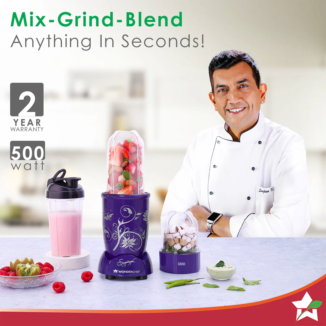 Nutri-blend 500W Mixer Grinder, 22000 RPM Motor, Smoothie Maker, Masala Grinder, Chutney Blender, 3 Unbreakable Jars & Sipper Jar, Recipe Book by Chef Sanjeev Kapoor, 2 Yr Warranty, Purple - Image 2