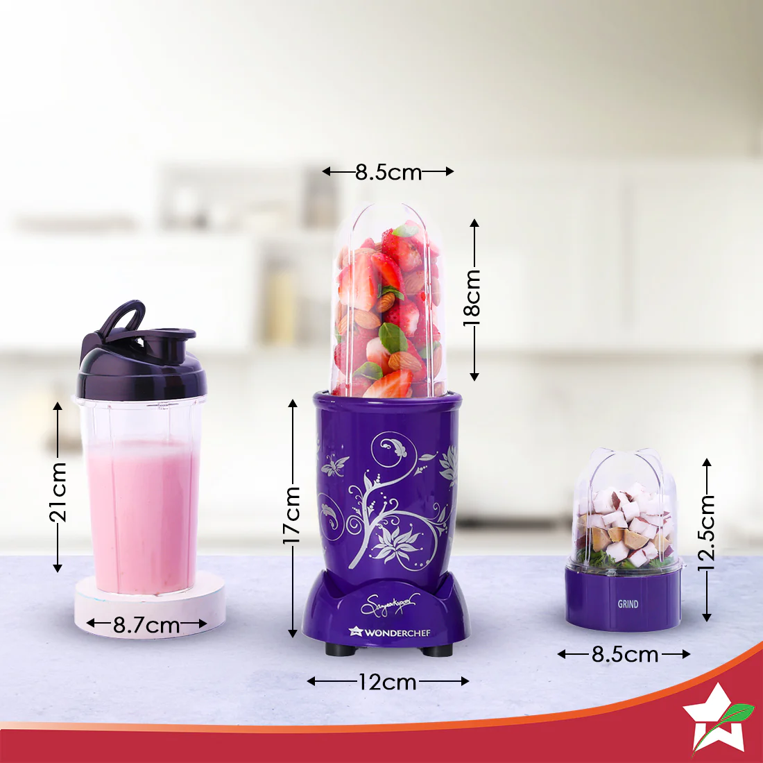 Nutri-blend 500W Mixer Grinder, 22000 RPM Motor, Smoothie Maker, Masala Grinder, Chutney Blender, 3 Unbreakable Jars & Sipper Jar, Recipe Book by Chef Sanjeev Kapoor, 2 Yr Warranty, Purple - Image 3