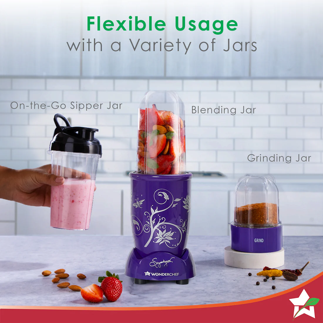 Nutri-blend 500W Mixer Grinder, 22000 RPM Motor, Smoothie Maker, Masala Grinder, Chutney Blender, 3 Unbreakable Jars & Sipper Jar, Recipe Book by Chef Sanjeev Kapoor, 2 Yr Warranty, Purple - Image 4