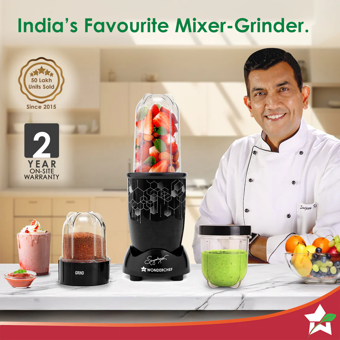 Nutri-blend Photon 500W Mixer Grinder, 22000 RPM Motor, Smoothie Maker, Masala Grinder, Chutney Blender, 3 Unbreakable Jars, Recipe Book by Chef Sanjeev Kapoor, 2 Yr Warranty, Black - Image 2