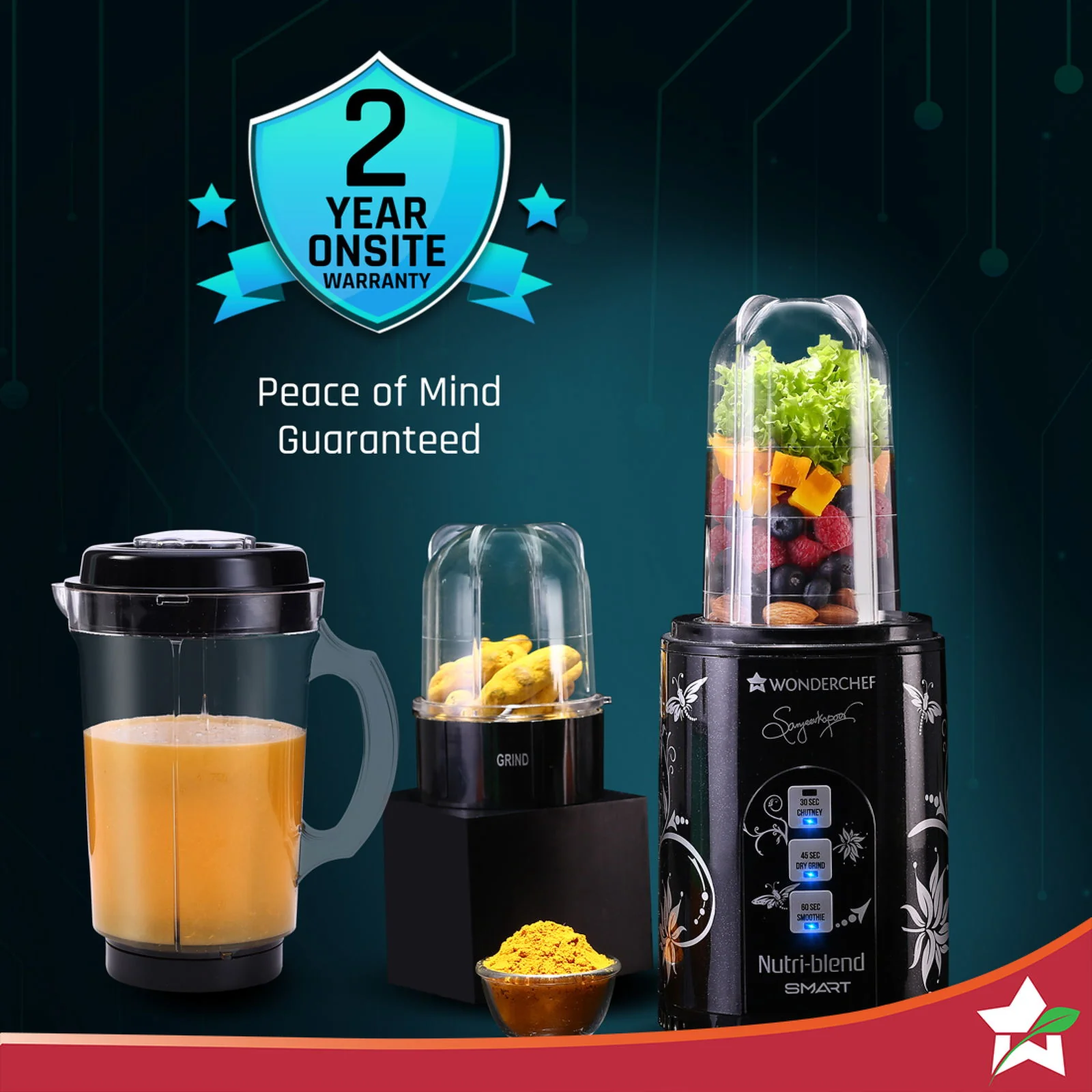 Nutri Blend Smart 3 Jar Automatic Mixer Grinder with Dual Pulse Function|22000 RPM|100% Full Copper Motor|3 Unbreakable Jars|500 W|2 Years Warranty|Recipe book by Chef Sanjeev Kapoor| Black - Image 2
