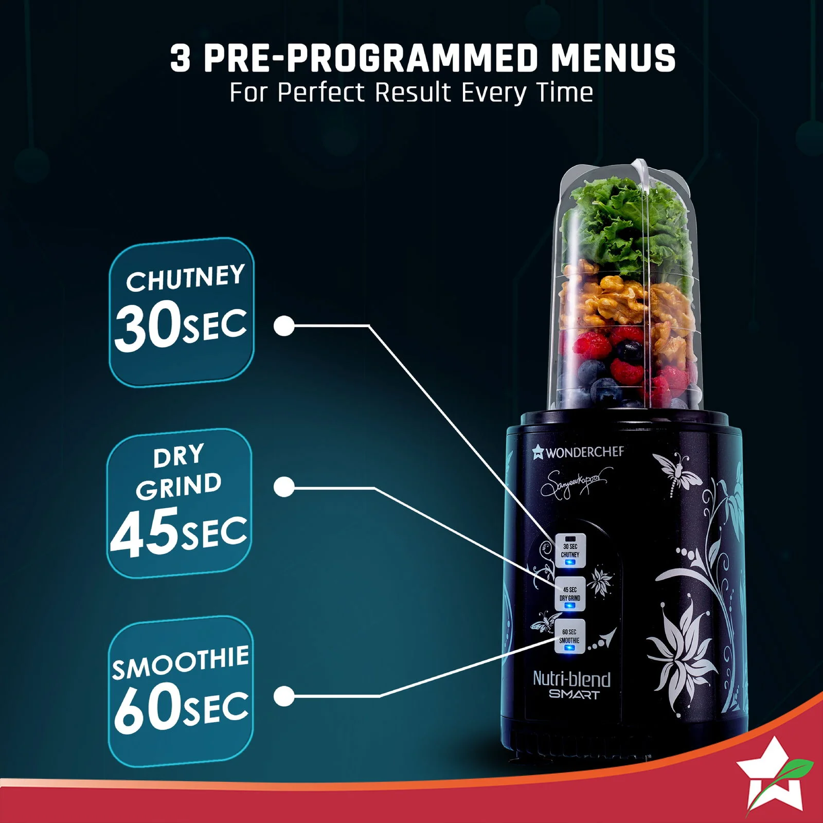Nutri Blend Smart 3 Jar Automatic Mixer Grinder with Dual Pulse Function|22000 RPM|100% Full Copper Motor|3 Unbreakable Jars|500 W|2 Years Warranty|Recipe book by Chef Sanjeev Kapoor| Black - Image 4