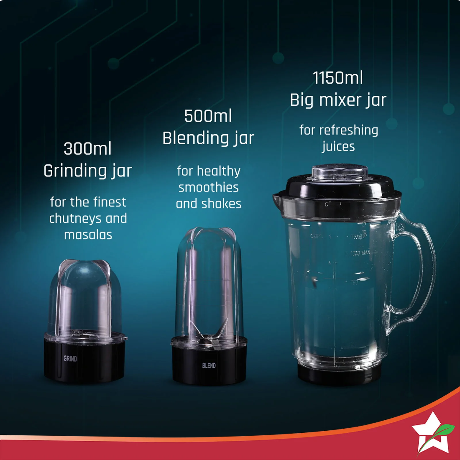 Nutri Blend Smart 3 Jar Automatic Mixer Grinder with Dual Pulse Function|22000 RPM|100% Full Copper Motor|3 Unbreakable Jars|500 W|2 Years Warranty|Recipe book by Chef Sanjeev Kapoor| Black - Image 7