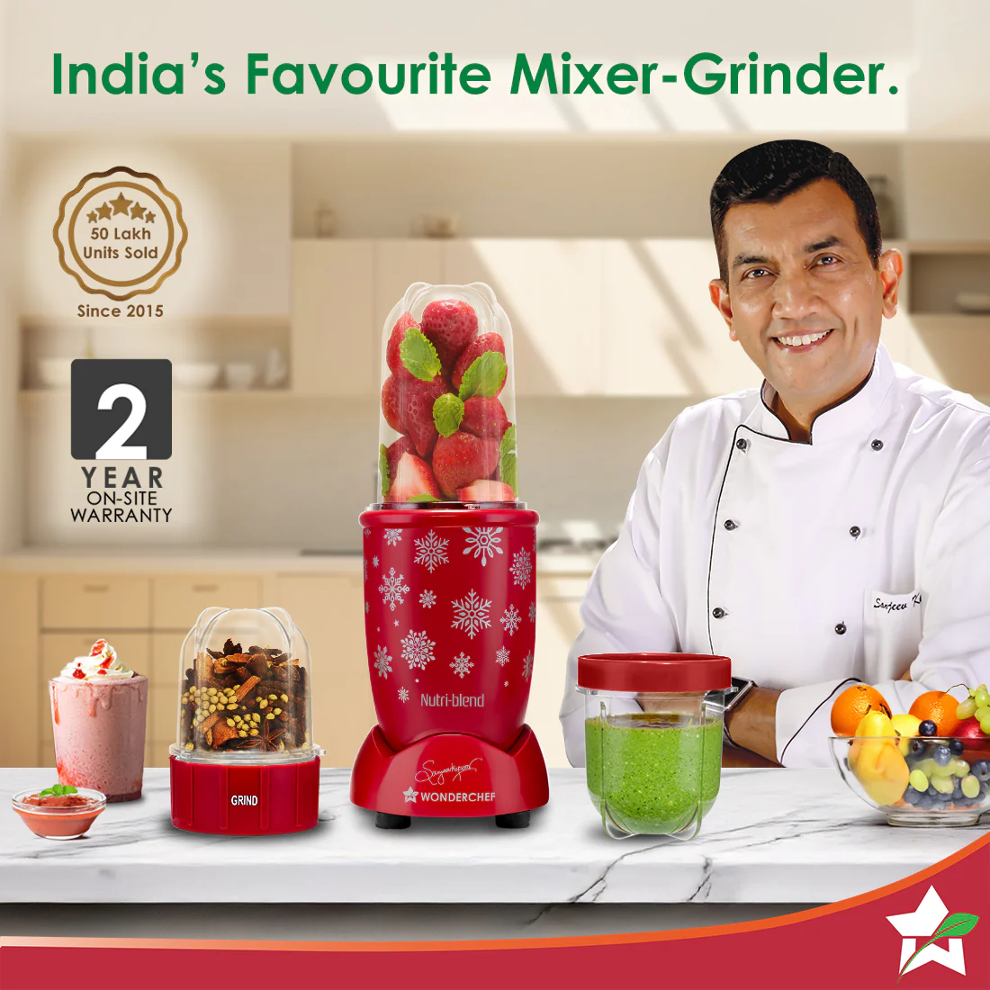 Nutri-blend Snowflakes 500W Mixer Grinder, 22000 RPM, Smoothie Maker-Masala-Chutney Grinder, 3 Unbreakable Jars, Limited Edition, Recipe Book by Chef Sanjeev Kapoor, 2 Yr Warranty, Red - Image 2