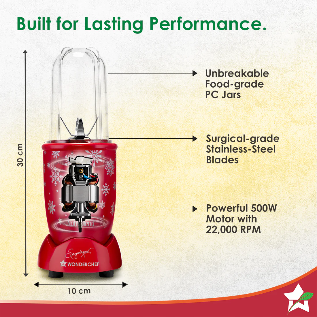 Nutri-blend Snowflakes 500W Mixer Grinder, 22000 RPM, Smoothie Maker-Masala-Chutney Grinder, 3 Unbreakable Jars, Limited Edition, Recipe Book by Chef Sanjeev Kapoor, 2 Yr Warranty, Red - Image 3