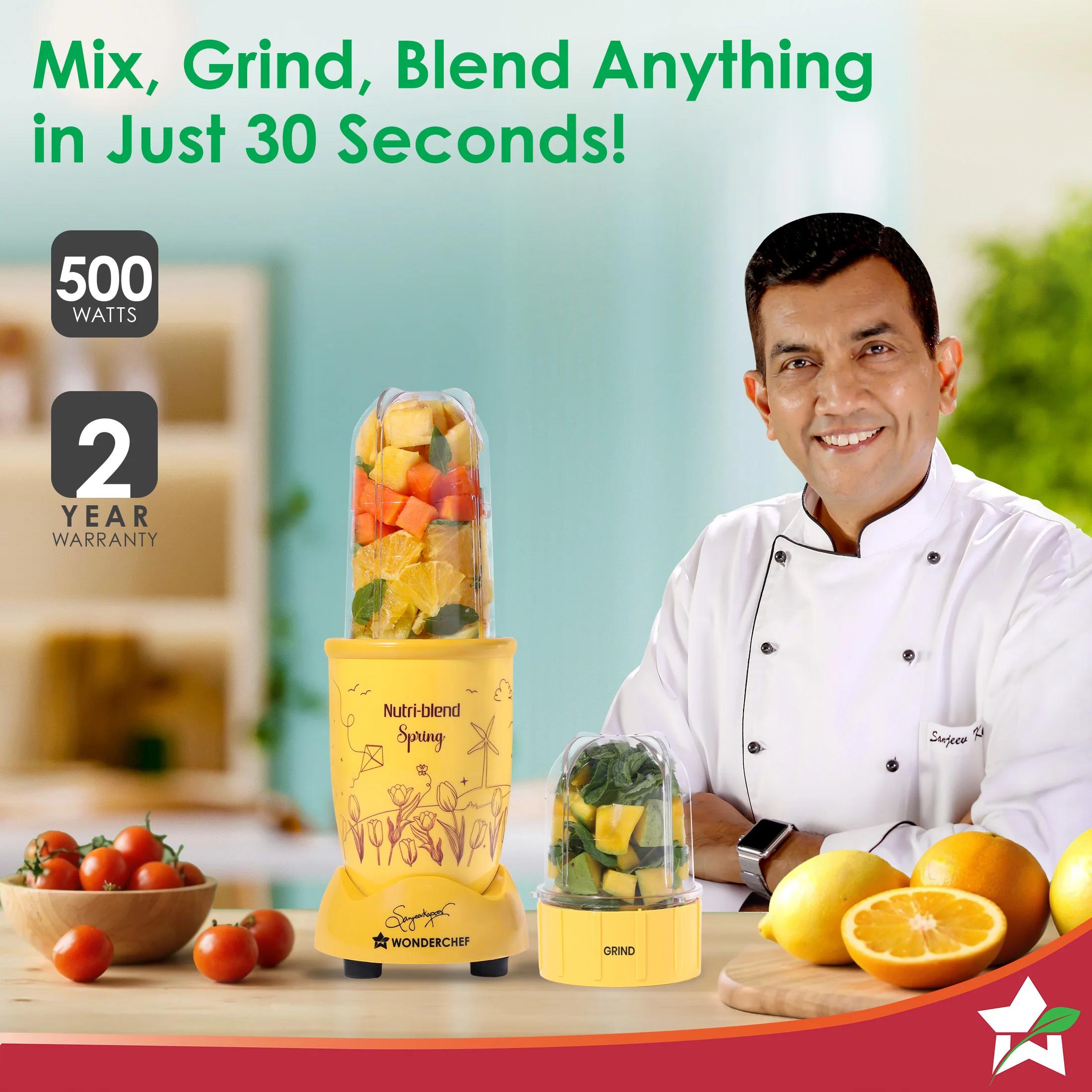 Nutri-blend Spring Mixer Grinder Blender & Smoothie Maker | 500W | 22000 RPM | 100% Copper Motor | 2 Unbreakable Jars | SS Blades | 2 Year Warranty | Recipe book by Chef Sanjeev Kapoor | Yellow - Image 2