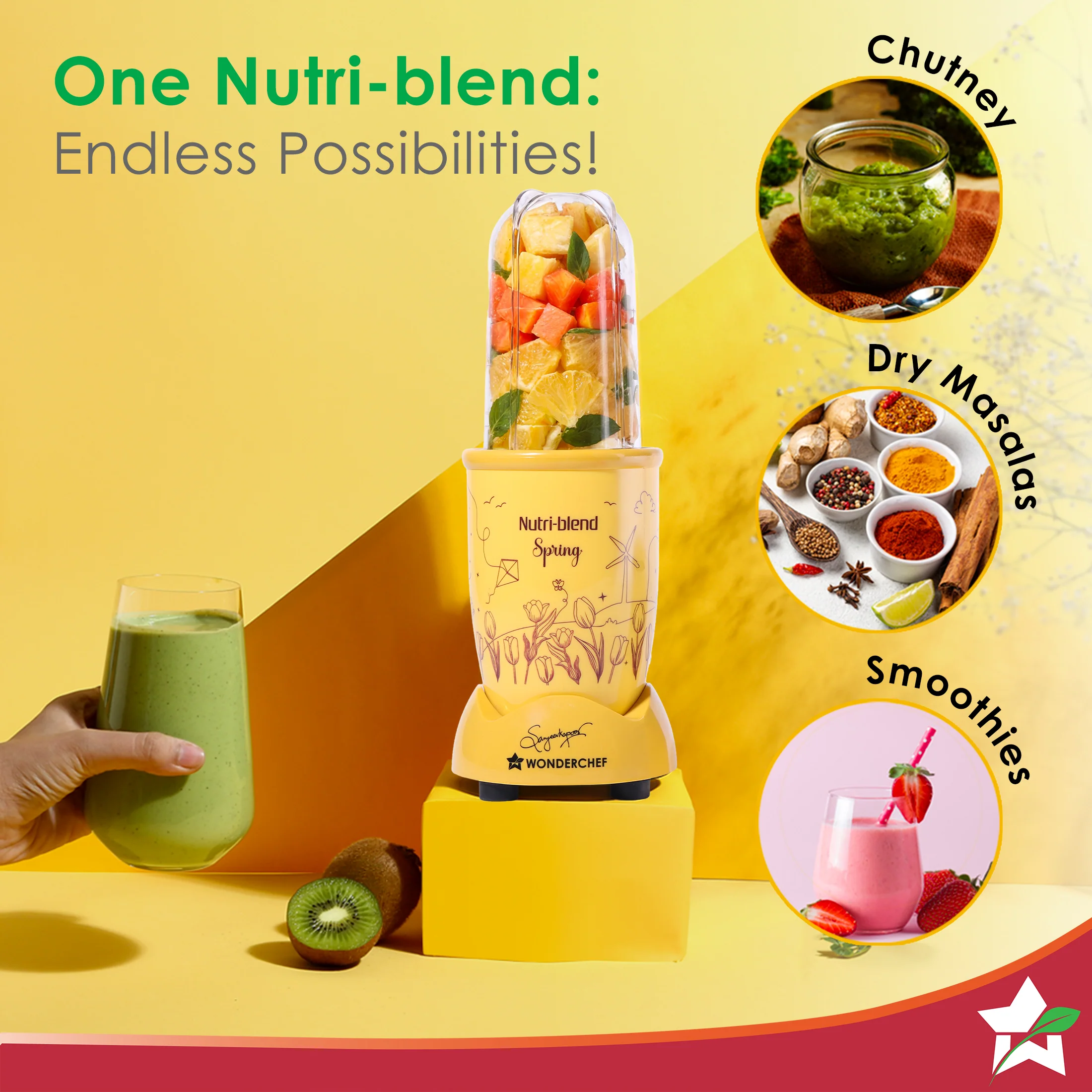Nutri-blend Spring Mixer Grinder Blender & Smoothie Maker | 500W | 22000 RPM | 100% Copper Motor | 2 Unbreakable Jars | SS Blades | 2 Year Warranty | Recipe book by Chef Sanjeev Kapoor | Yellow - Image 3