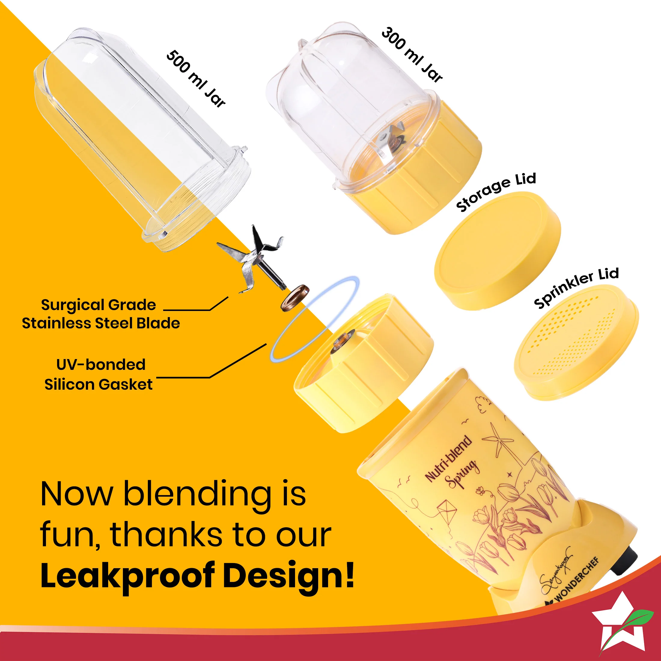 Nutri-blend Spring Mixer Grinder Blender & Smoothie Maker | 500W | 22000 RPM | 100% Copper Motor | 2 Unbreakable Jars | SS Blades | 2 Year Warranty | Recipe book by Chef Sanjeev Kapoor | Yellow - Image 6