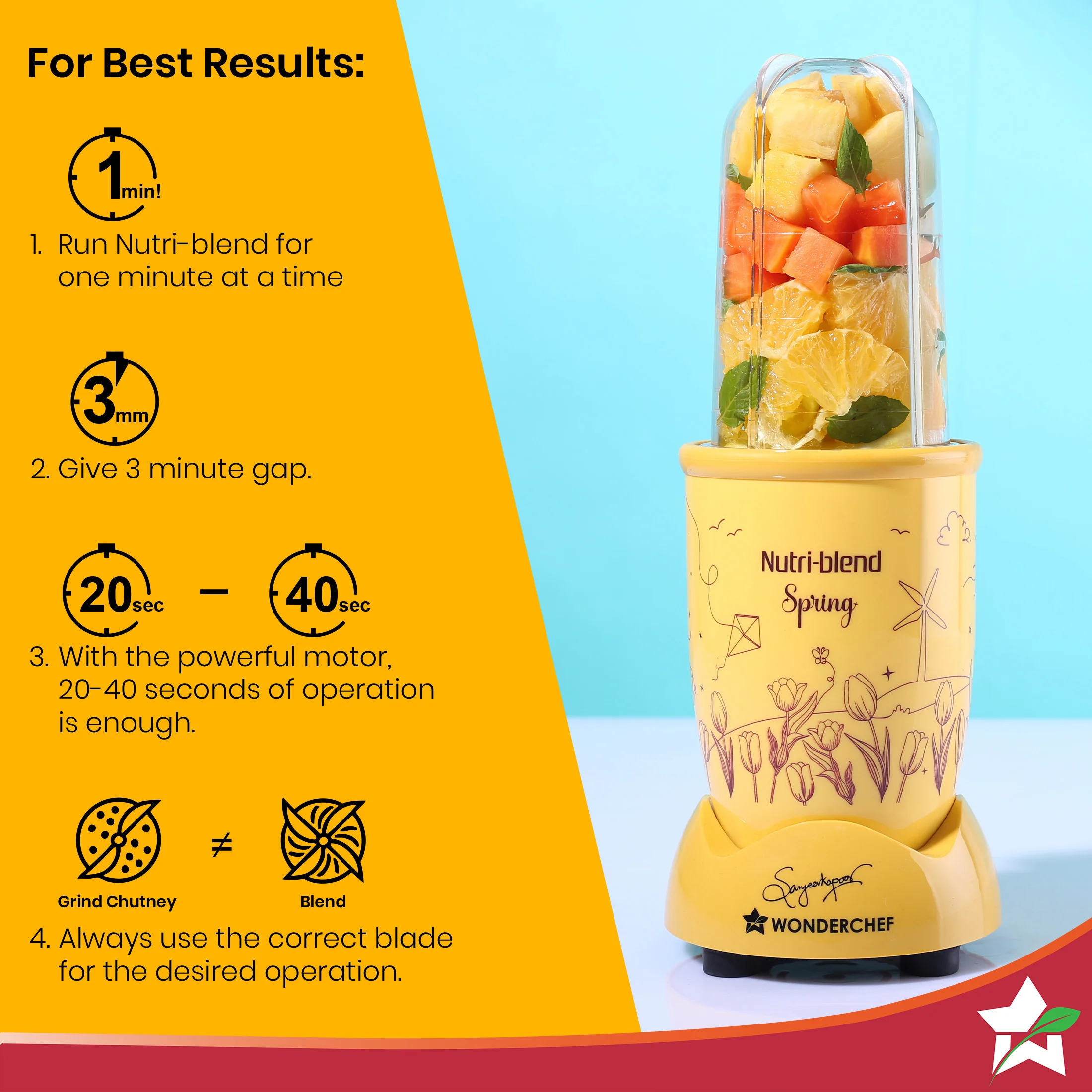 Nutri-blend Spring Mixer Grinder Blender & Smoothie Maker | 500W | 22000 RPM | 100% Copper Motor | 2 Unbreakable Jars | SS Blades | 2 Year Warranty | Recipe book by Chef Sanjeev Kapoor | Yellow - Image 8