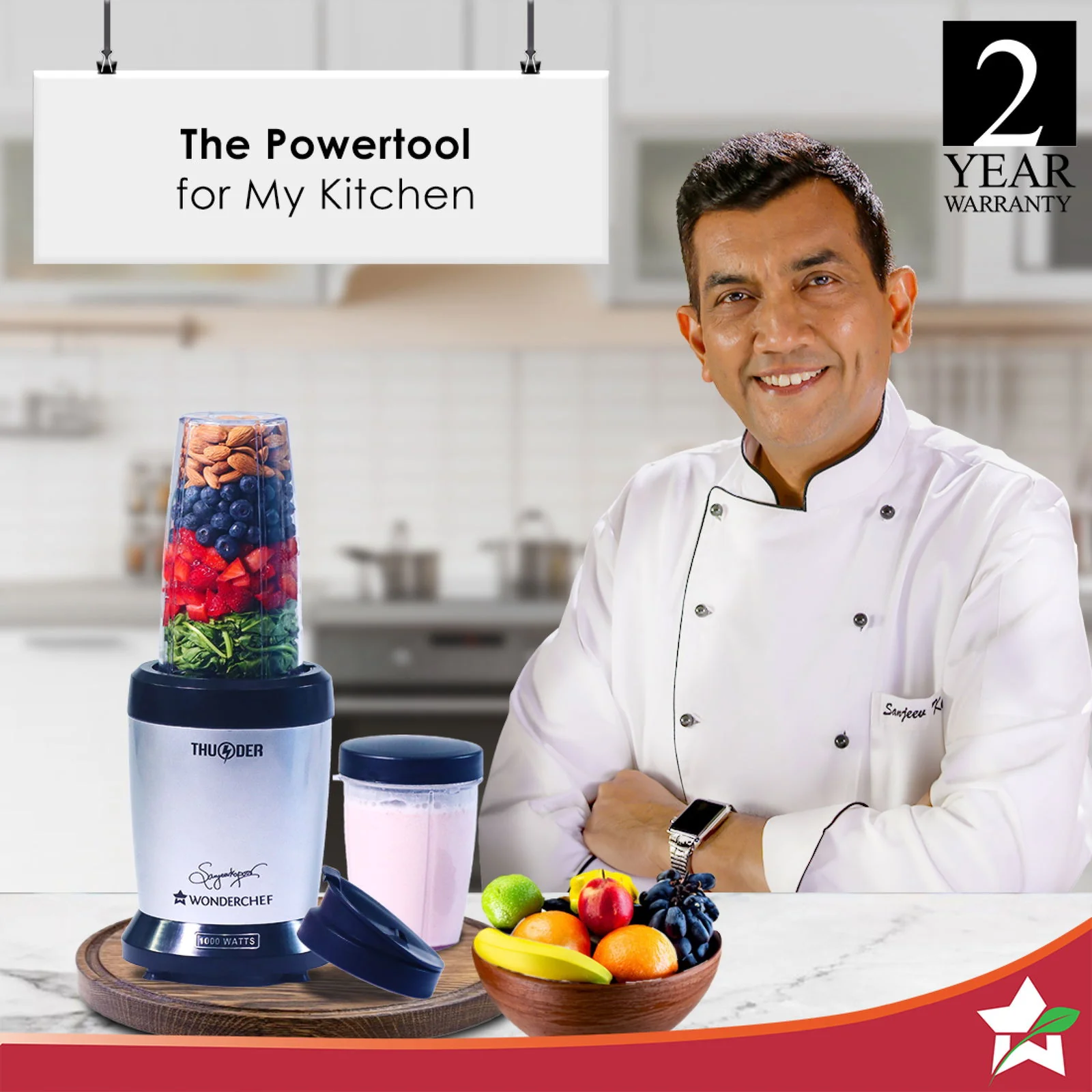 Nutri-blend Thunder Mixer, Grinder, Blender & Smoothie Maker | 1000W 22000 RPM 100% Full Copper Motor | SS 6-Blade Assembly | 2 Unbreakable Tritan Jars | 2 Years Warranty | Recipe Book By Chef Sanjeev Kapoor | Black Silver - Image 2