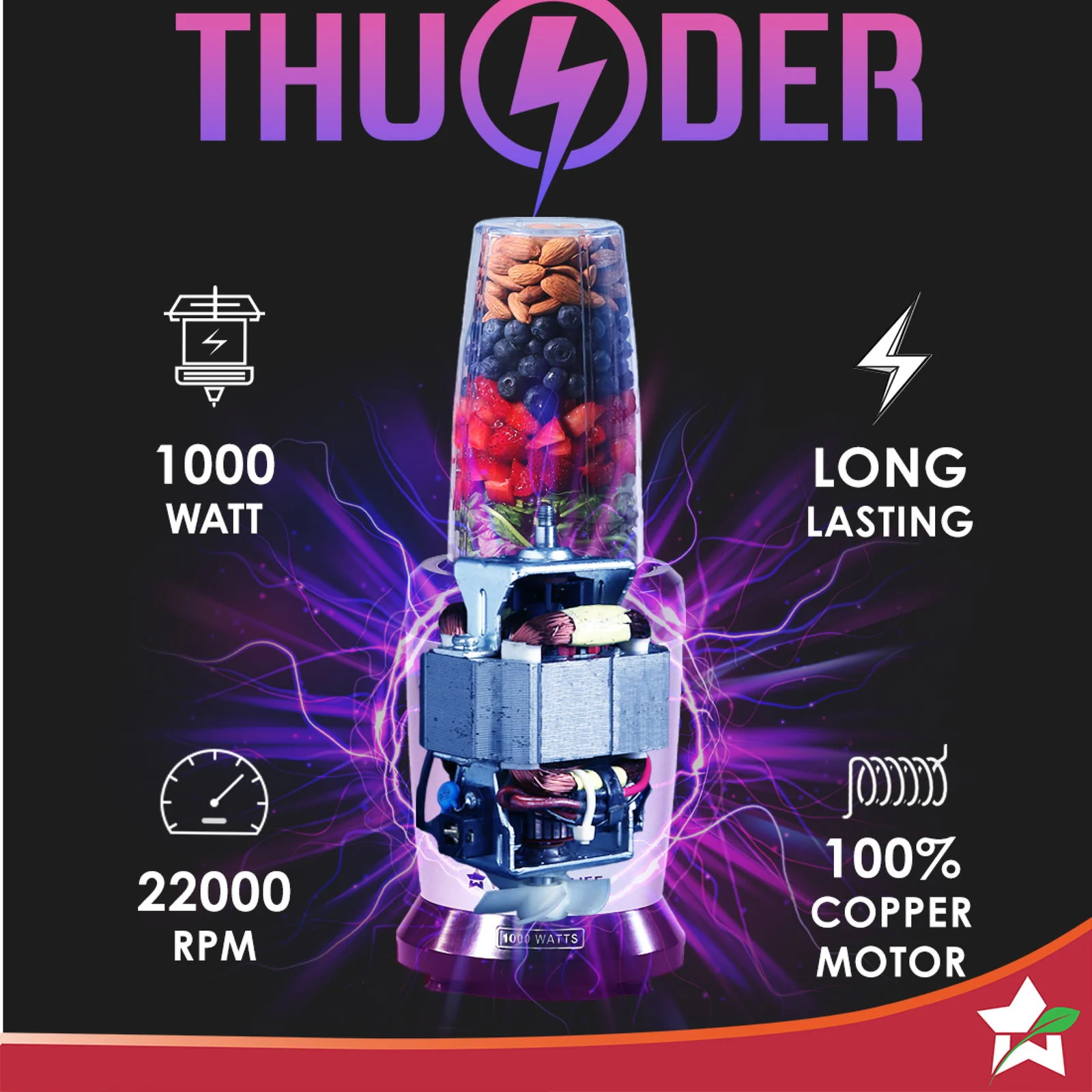 Nutri-blend Thunder Mixer, Grinder, Blender & Smoothie Maker | 1000W 22000 RPM 100% Full Copper Motor | SS 6-Blade Assembly | 2 Unbreakable Tritan Jars | 2 Years Warranty | Recipe Book By Chef Sanjeev Kapoor | Black Silver - Image 3