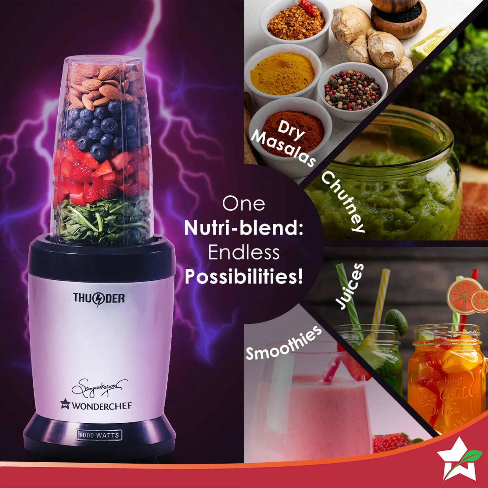 Nutri-blend Thunder Mixer, Grinder, Blender & Smoothie Maker | 1000W 22000 RPM 100% Full Copper Motor | SS 6-Blade Assembly | 2 Unbreakable Tritan Jars | 2 Years Warranty | Recipe Book By Chef Sanjeev Kapoor | Black Silver - Image 4