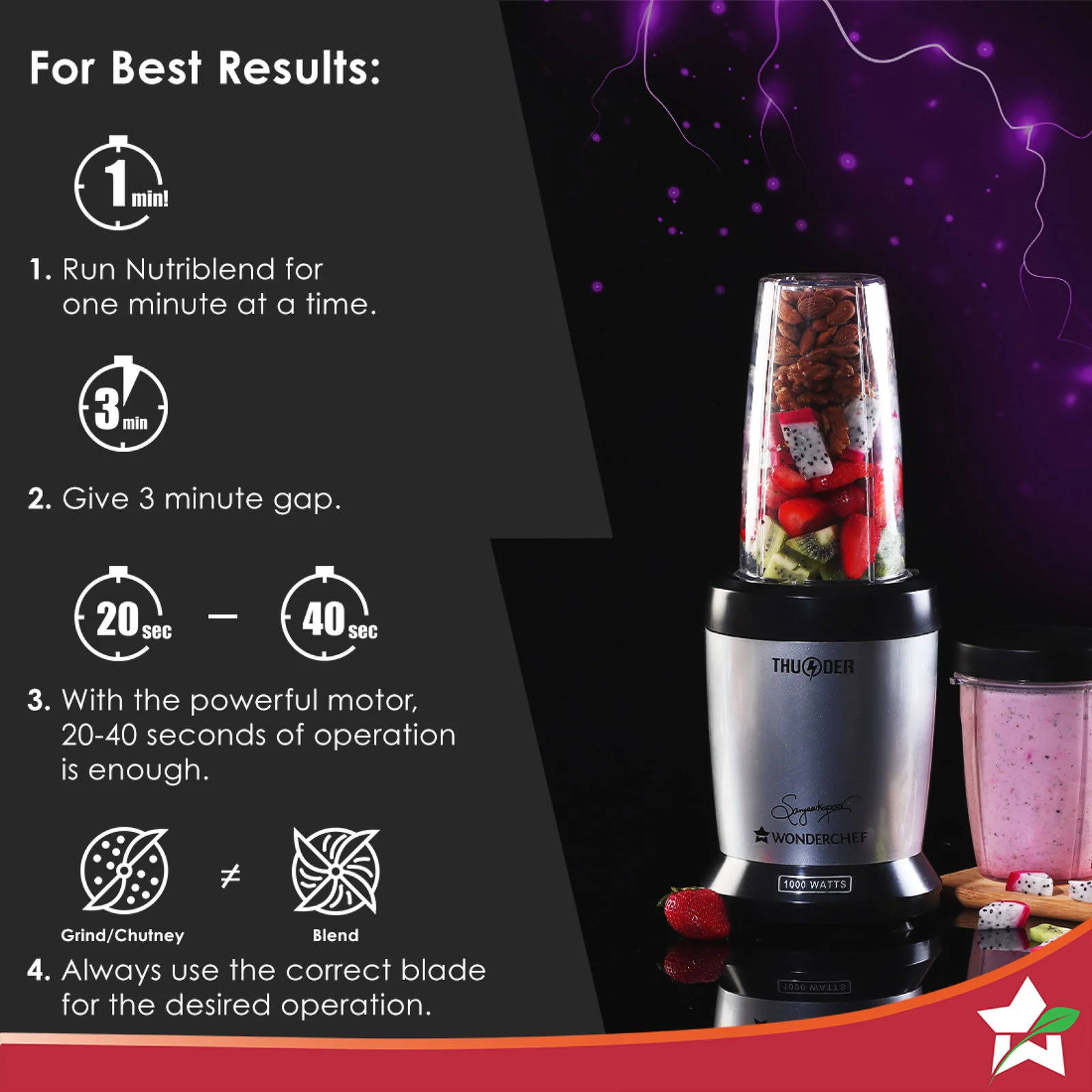 Nutri-blend Thunder Mixer, Grinder, Blender & Smoothie Maker | 1000W 22000 RPM 100% Full Copper Motor | SS 6-Blade Assembly | 2 Unbreakable Tritan Jars | 2 Years Warranty | Recipe Book By Chef Sanjeev Kapoor | Black Silver - Image 7