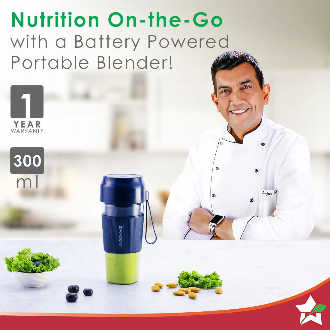 Nutri-Cup Portable Blender | USB Charging | Smoothie maker | SS Blades | Battery Operated Rechargeable Blender | 300ml | Compact Size | Blue - Image 3