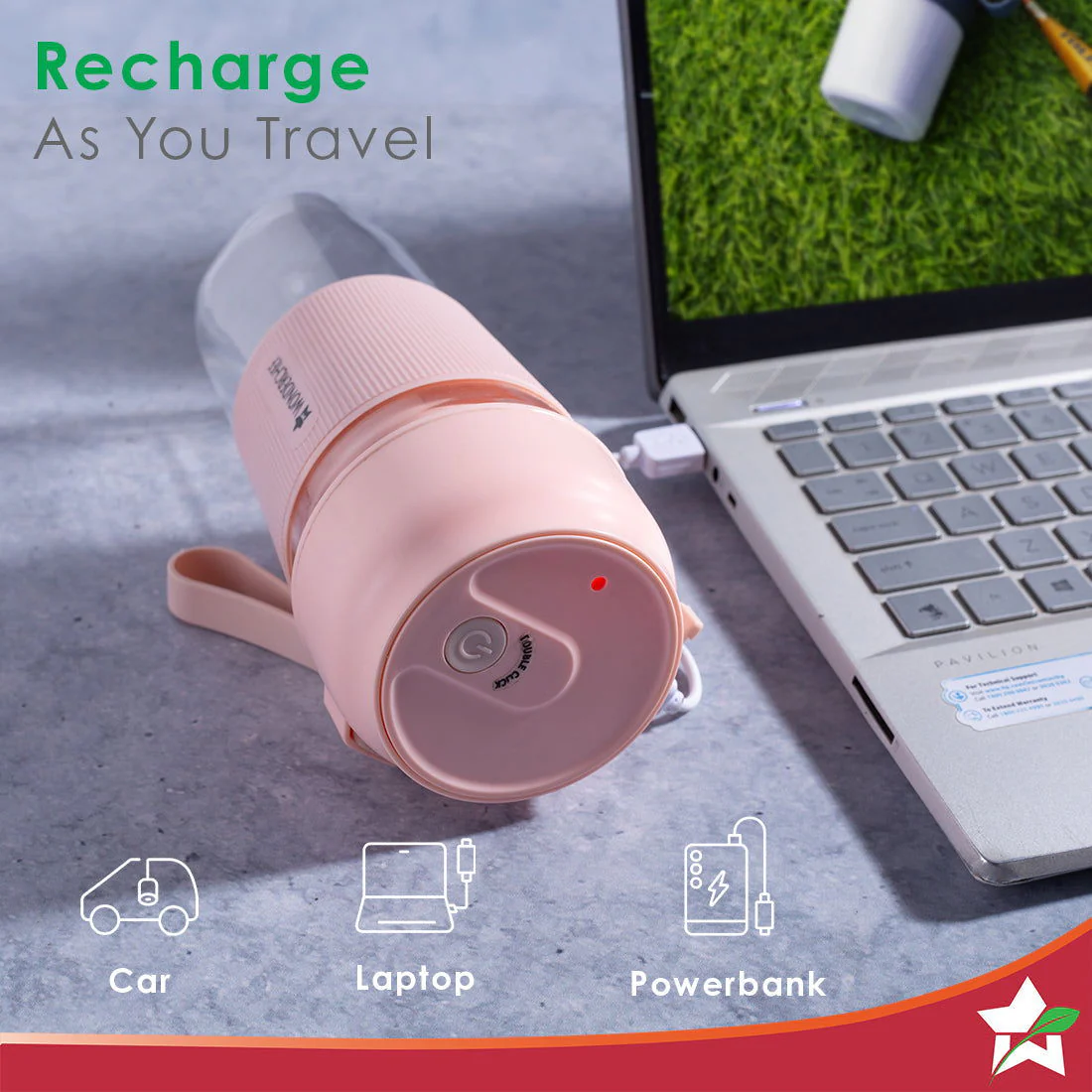 Nutri-Cup Portable Blender | USB Charging | Smoothie maker | SS Blades | Battery Operated Rechargeable Blender | 300ml | Compact Size | Pink - Image 5