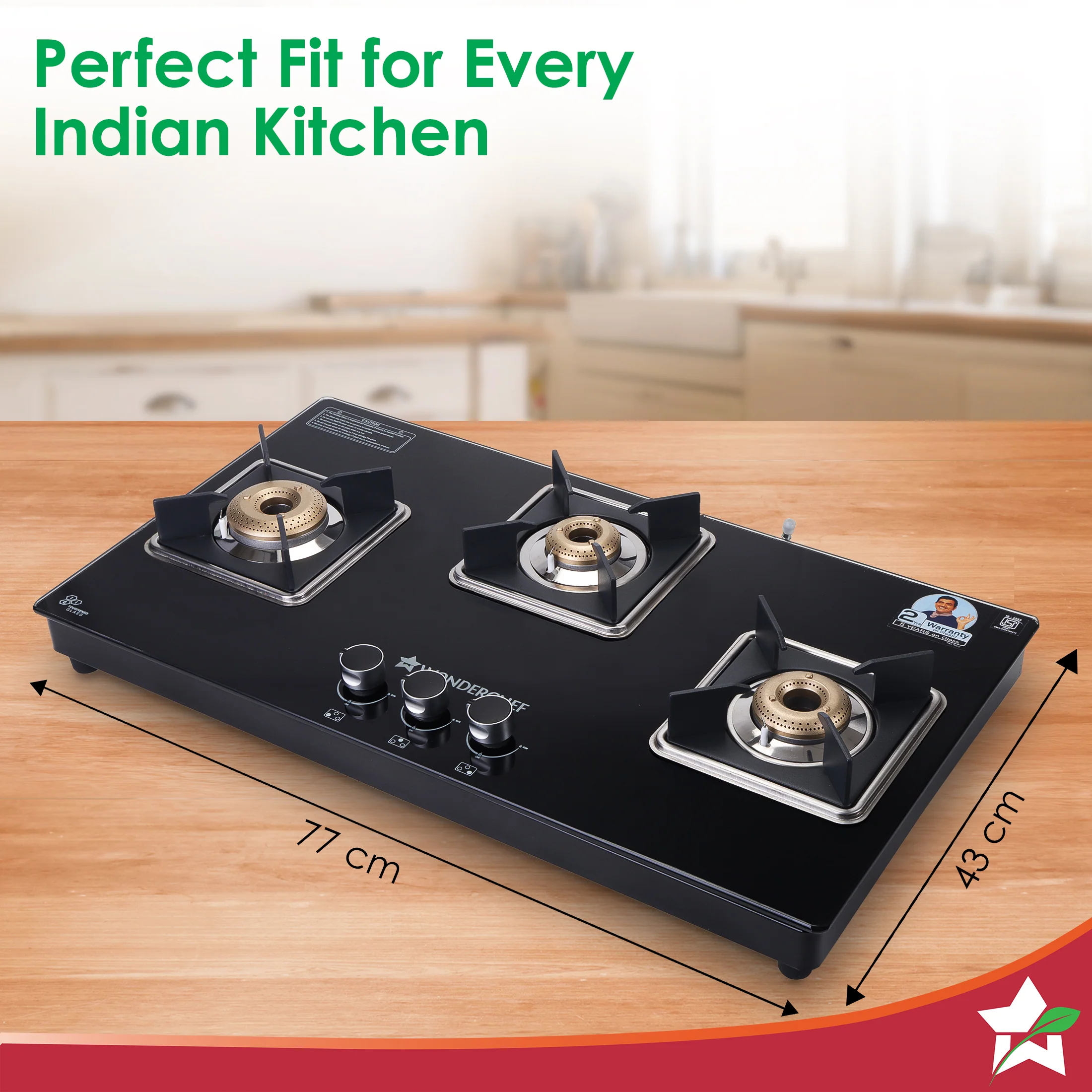Octavia 3 Burner Glass Hob Top Auto Cooktop | 8mm Toughened Glass | Auto Ignition | Forged Brass Burners | Stainless Steel Drip Tray | Anti-Skid Legs | Large & Heavy Pan support | LPG compatible | Black steel frame | 2 Year Warranty | Black - Image 3