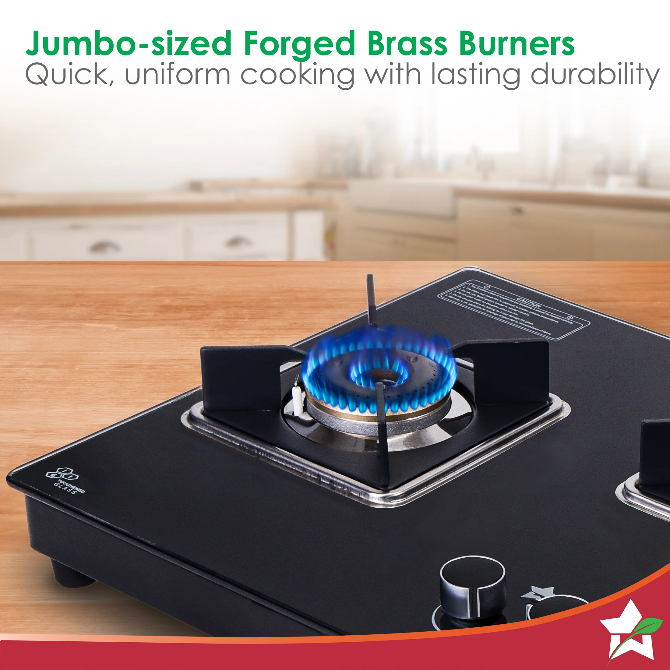 Octavia 3 Burner Glass Hob Top Auto Cooktop | 8mm Toughened Glass | Auto Ignition | Forged Brass Burners | Stainless Steel Drip Tray | Anti-Skid Legs | Large & Heavy Pan support | LPG compatible | Black steel frame | 2 Year Warranty | Black - Image 4