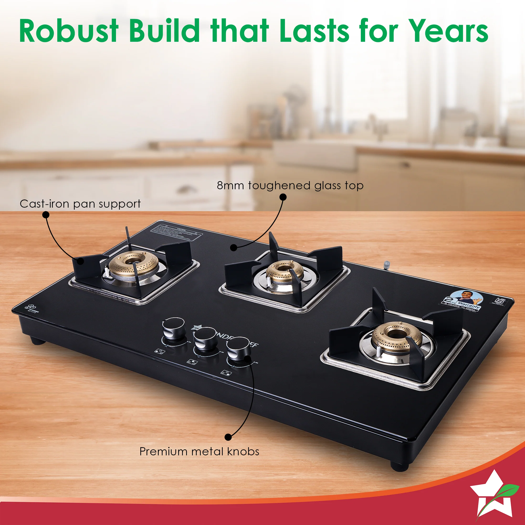Octavia 3 Burner Glass Hob Top Auto Cooktop | 8mm Toughened Glass | Auto Ignition | Forged Brass Burners | Stainless Steel Drip Tray | Anti-Skid Legs | Large & Heavy Pan support | LPG compatible | Black steel frame | 2 Year Warranty | Black - Image 5