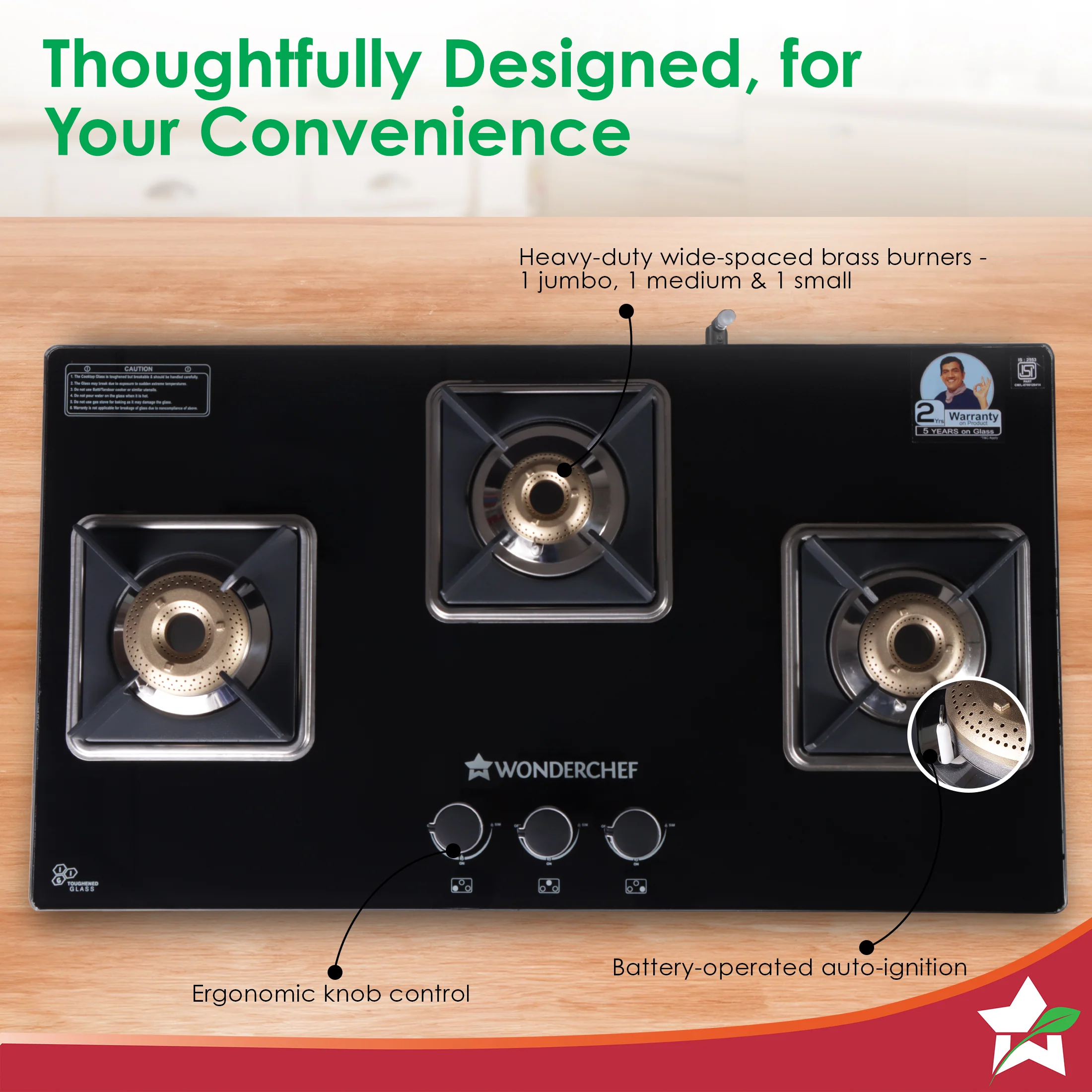 Octavia 3 Burner Glass Hob Top Auto Cooktop | 8mm Toughened Glass | Auto Ignition | Forged Brass Burners | Stainless Steel Drip Tray | Anti-Skid Legs | Large & Heavy Pan support | LPG compatible | Black steel frame | 2 Year Warranty | Black - Image 6