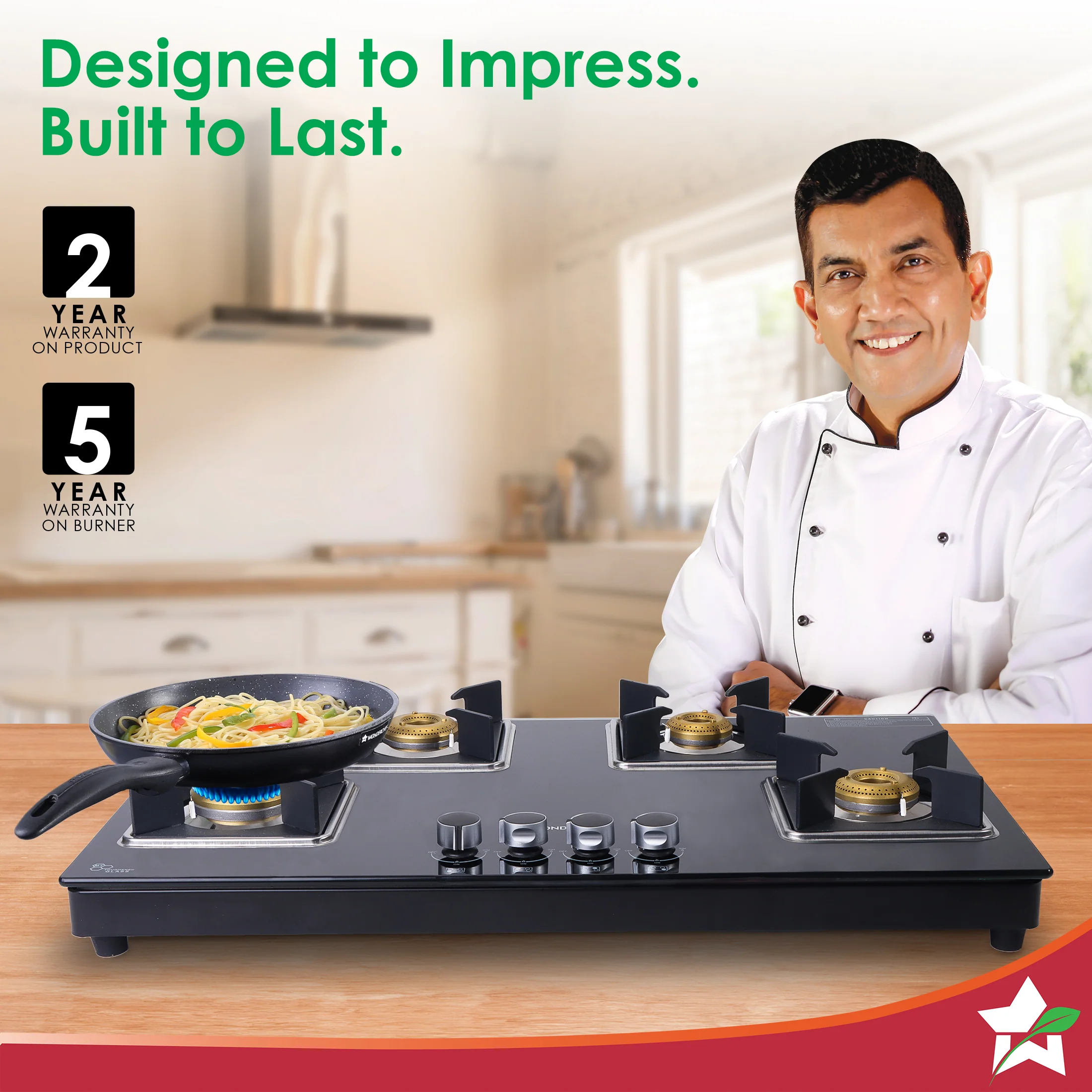 Octavia 4 Burner Glass Hob Top Auto Cooktop | 8mm Toughened Glass | Auto Ignition | Forged Brass Burners | Stainless Steel Drip Tray | Anti-Skid Legs | Large & Heavy Pan support | LPG compatible | Black steel frame | 2 Year Warranty | Black - Image 2