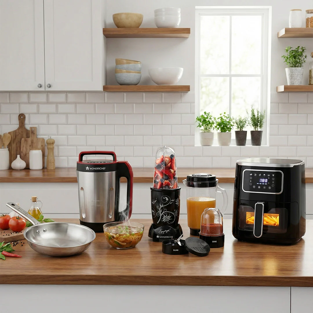 Kitchen Upgrade Pack | Platinum Plus Digital Air Fryer - 5L With Window & Light, Nutri-blend 500W Mixer Grinder, Stella Triply Stainless Steel Fry Pan
