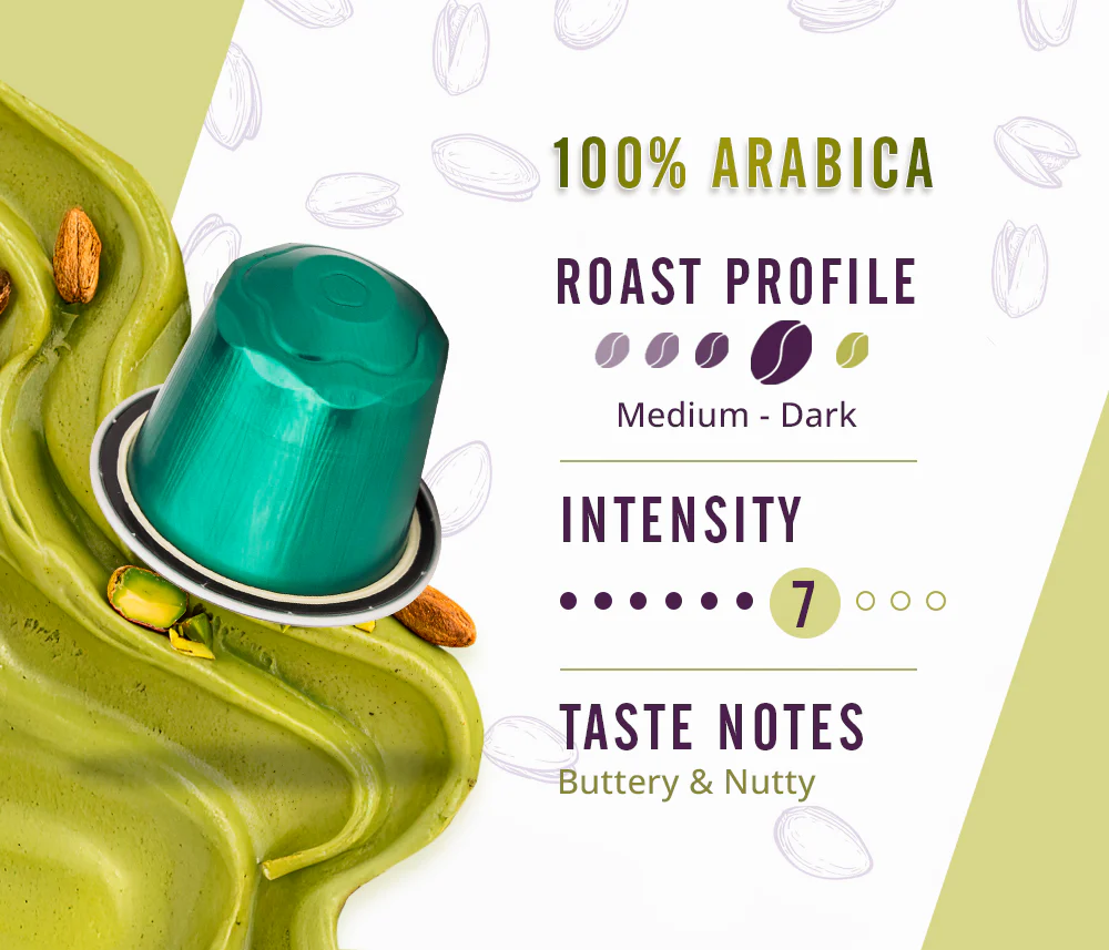 Coffeeza Pistachio 100% Arabica Flavoured Aluminium Coffee Capsules (Limited Edition) - Image 2
