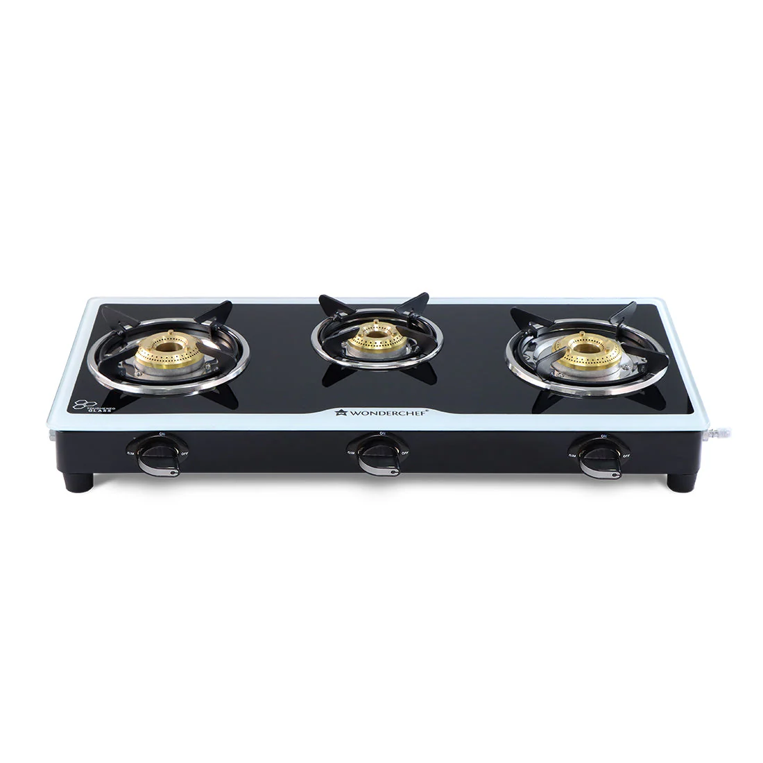 Platinum 3 Burner Manual Glass Gas Stove | 6mm Toughened Glass Gas Stove | Stainless Steel Drip tray | Anti-Skid Legs | Large Pan support | Manual Ignition | Black steel frame | 2 Year Warranty | Black