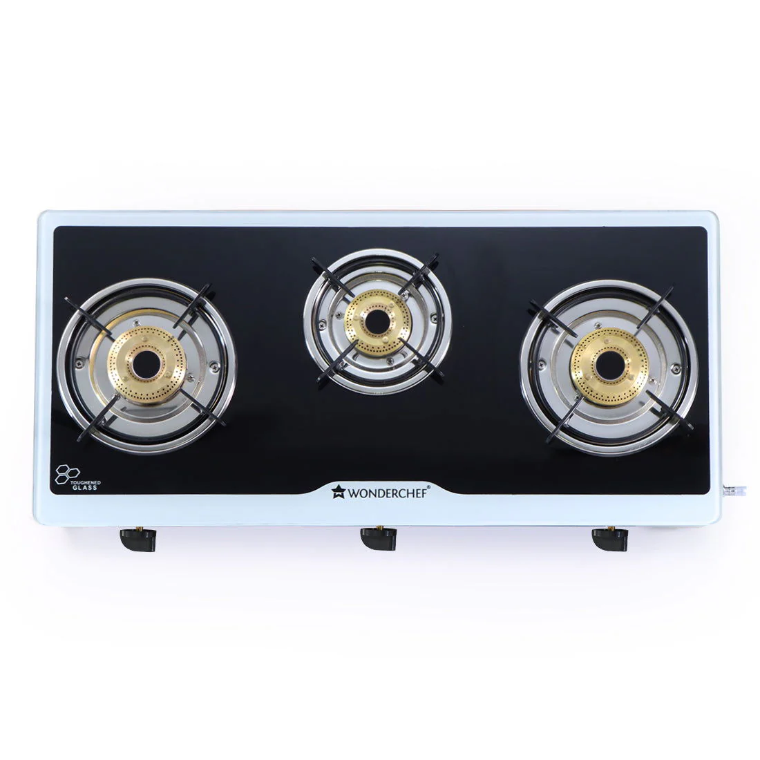Platinum 3 Burner Manual Glass Gas Stove | 6mm Toughened Glass Gas Stove | Stainless Steel Drip tray | Anti-Skid Legs | Large Pan support | Manual Ignition | Black steel frame | 2 Year Warranty | Black - Image 3