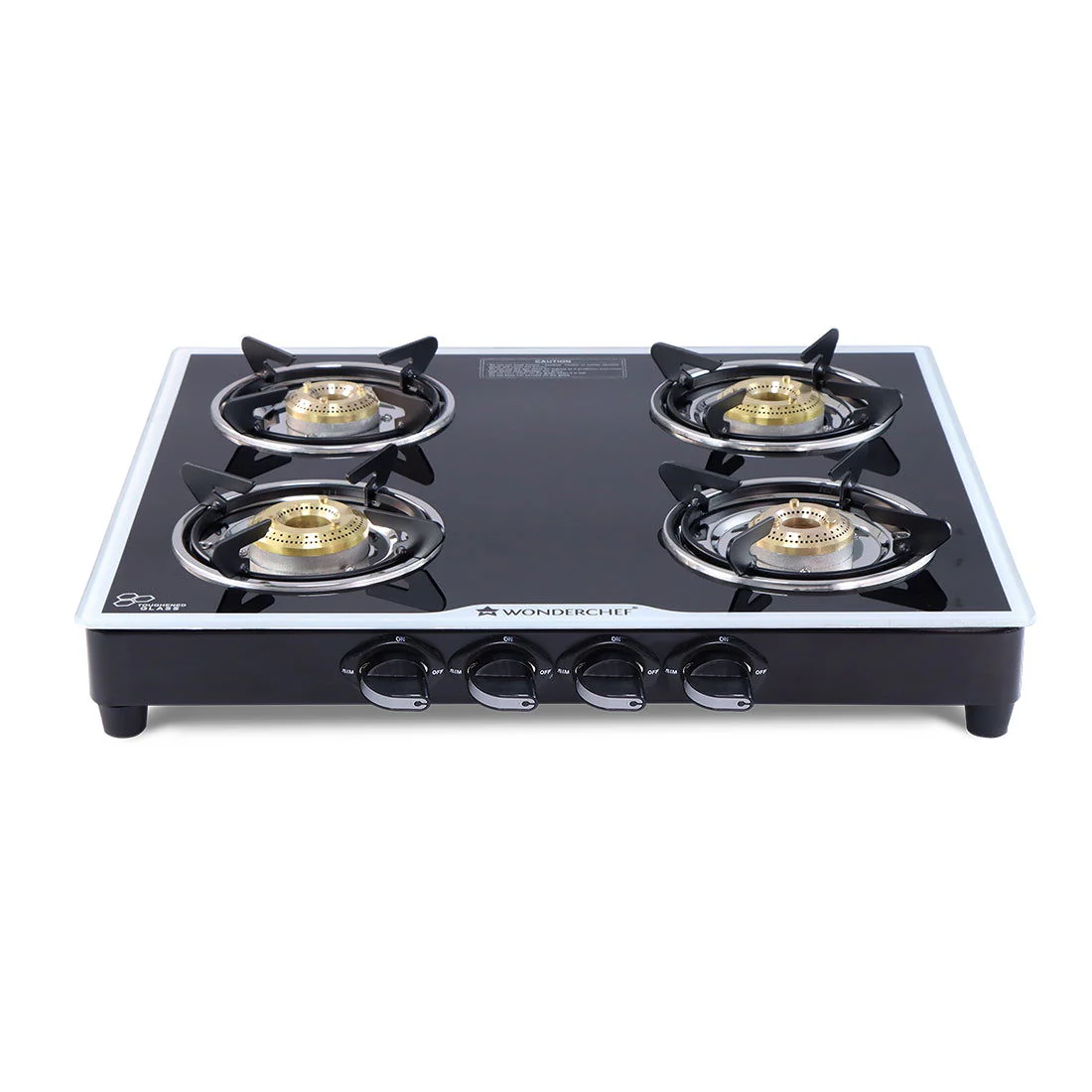 Platinum 4 Burner Manual Glass Gas Stove | 6mm Toughened Glass Gas Stove | Stainless Steel Drip tray | Anti-Skid Legs | Large Pan support | Manual Ignition | Black steel frame | 2 Year Warranty | Black