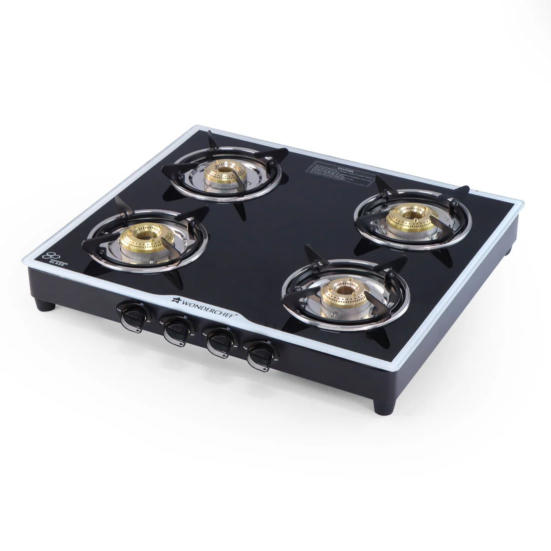 Platinum 4 Burner Manual Glass Gas Stove | 6mm Toughened Glass Gas Stove | Stainless Steel Drip tray | Anti-Skid Legs | Large Pan support | Manual Ignition | Black steel frame | 2 Year Warranty | Black - Image 2
