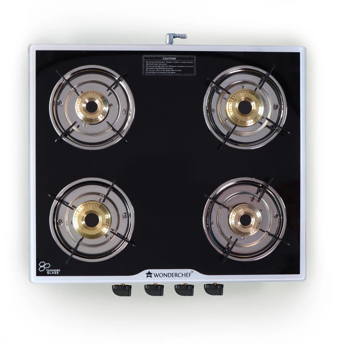 Platinum 4 Burner Manual Glass Gas Stove | 6mm Toughened Glass Gas Stove | Stainless Steel Drip tray | Anti-Skid Legs | Large Pan support | Manual Ignition | Black steel frame | 2 Year Warranty | Black - Image 3