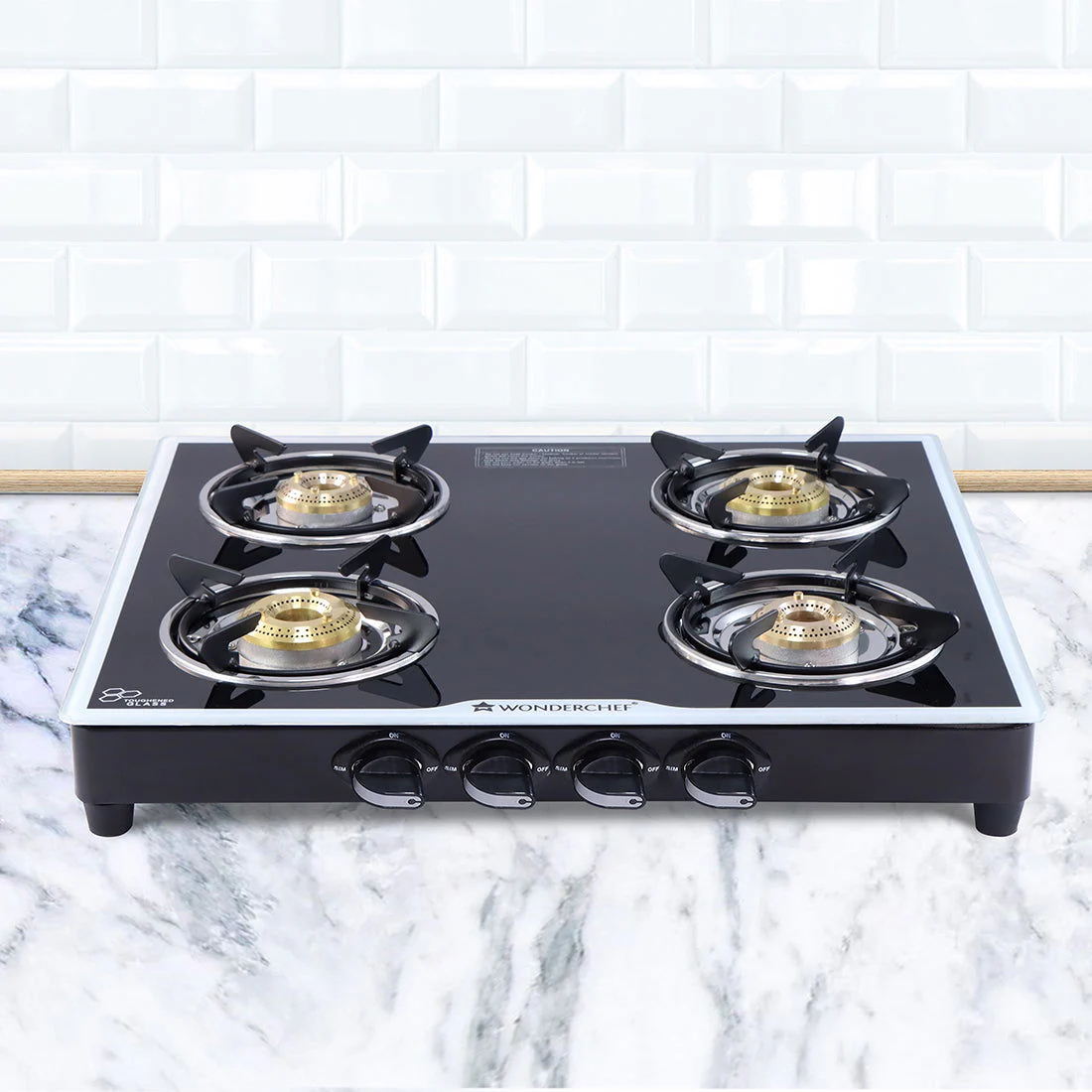 Platinum 4 Burner Manual Glass Gas Stove | 6mm Toughened Glass Gas Stove | Stainless Steel Drip tray | Anti-Skid Legs | Large Pan support | Manual Ignition | Black steel frame | 2 Year Warranty | Black - Image 7
