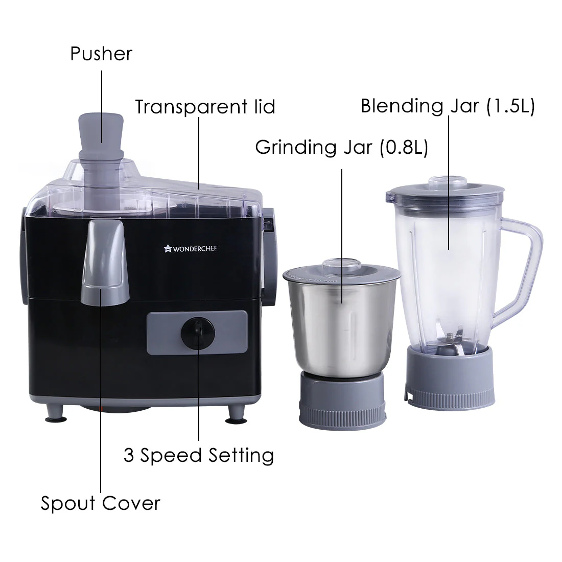 Prato Juicer Mixer Grinder, 500W, 2 Jars, 2 Years warranty, Black - Image 2
