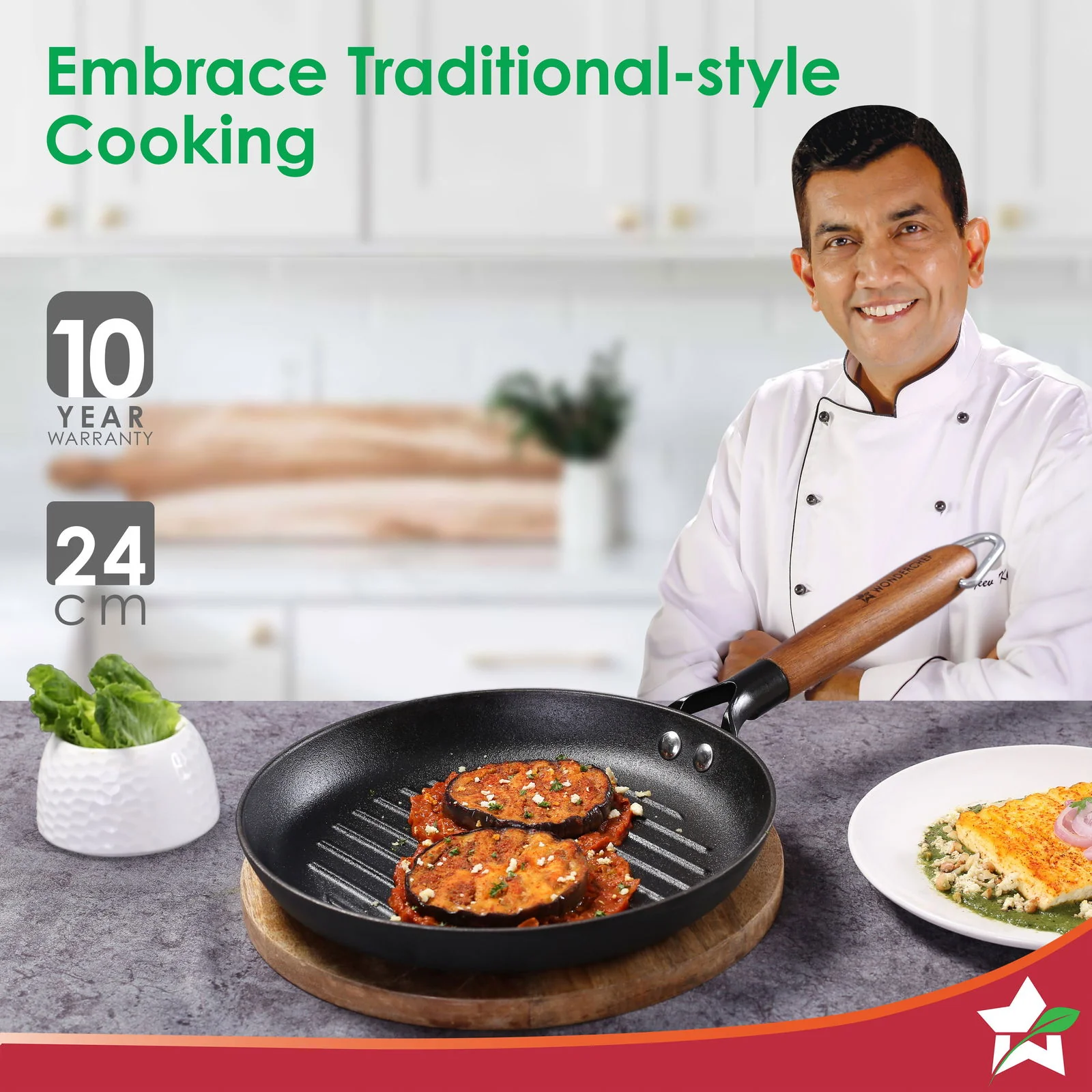 Pre-Seasoned Ferro Light 24cm Grill Pan| 2.5MM | Acacia Wooden Handles | Gravity Moulding Technology | No Chemical Coating |10 Year Warranty - Image 2