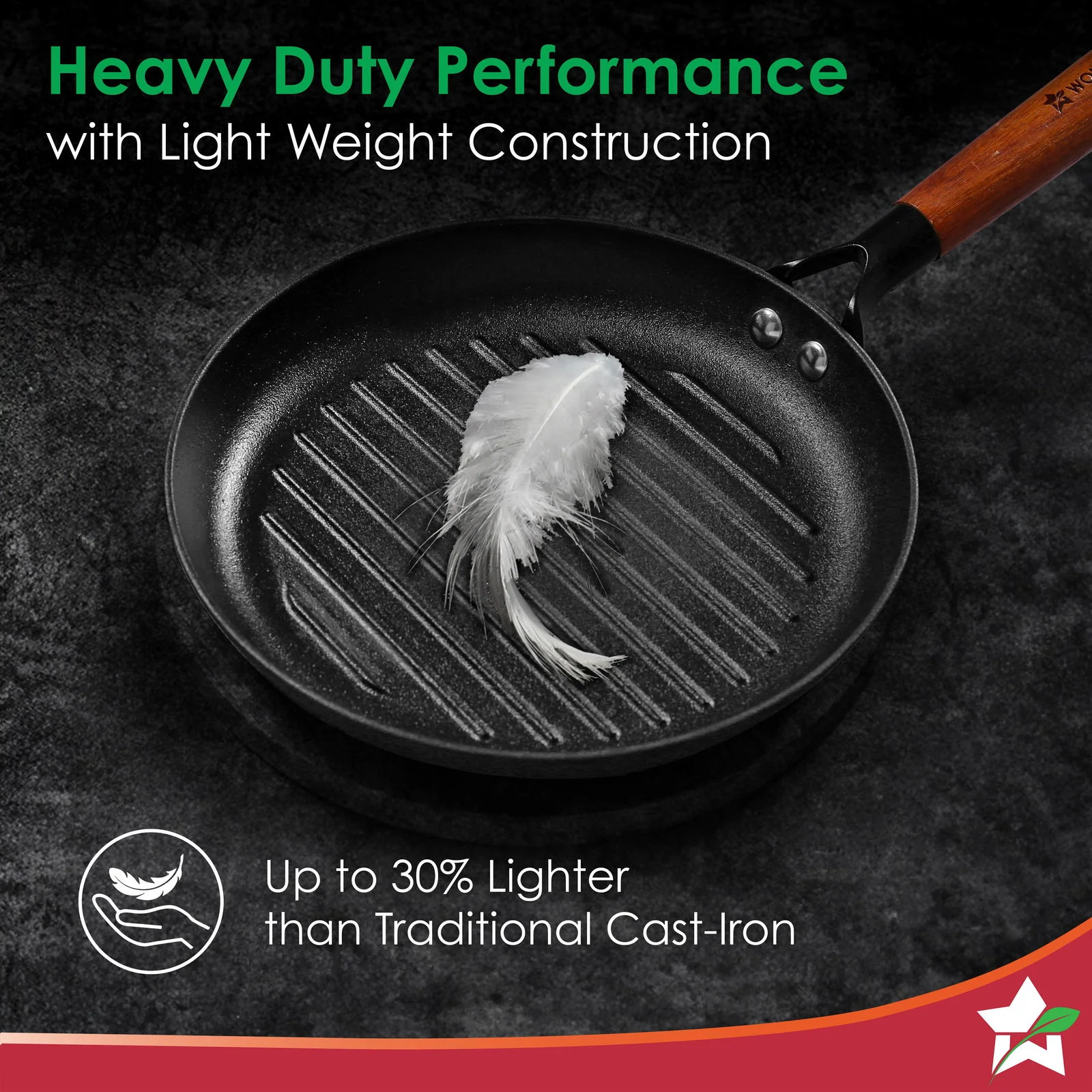Pre-Seasoned Ferro Light 24cm Grill Pan| 2.5MM | Acacia Wooden Handles | Gravity Moulding Technology | No Chemical Coating |10 Year Warranty - Image 3