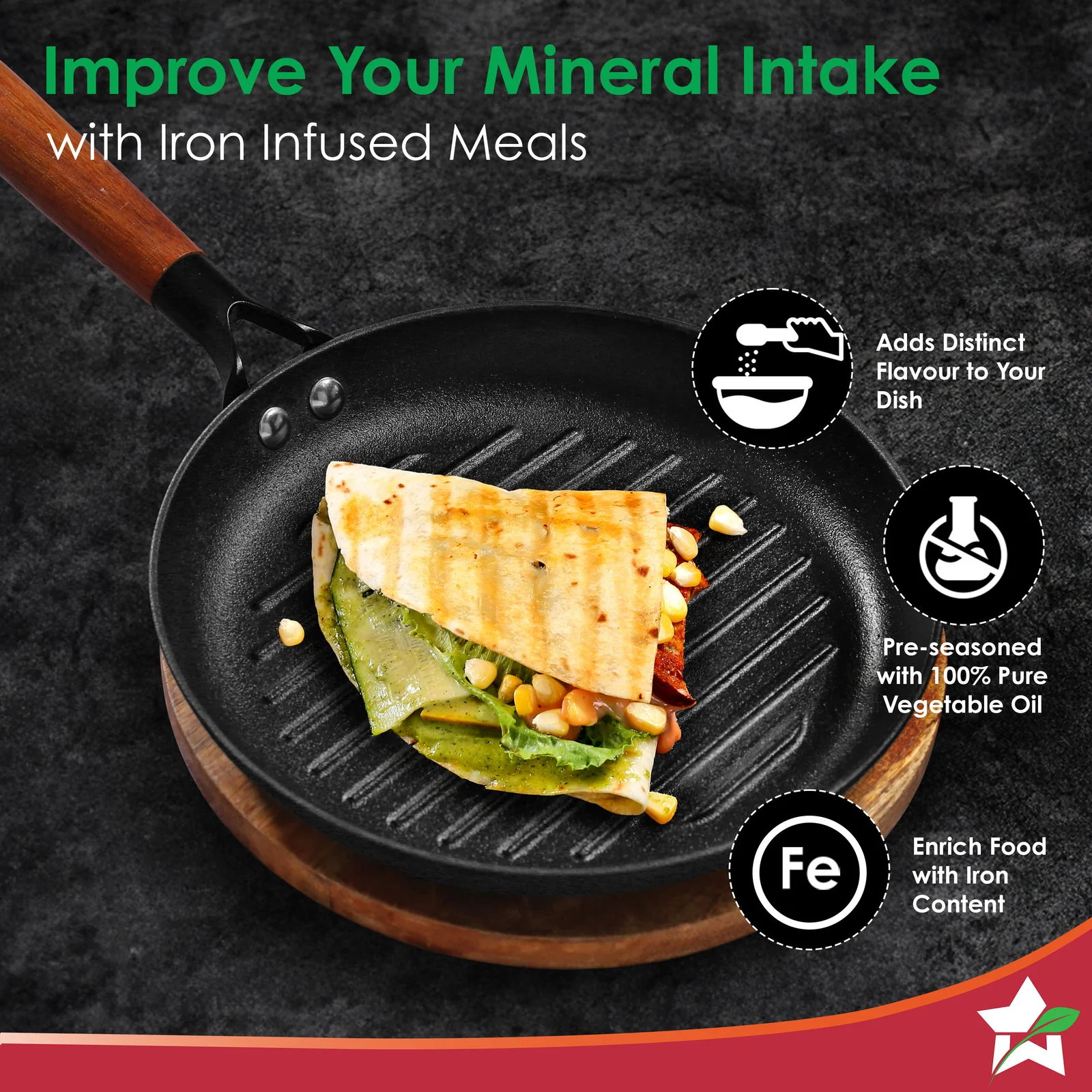 Pre-Seasoned Ferro Light 24cm Grill Pan| 2.5MM | Acacia Wooden Handles | Gravity Moulding Technology | No Chemical Coating |10 Year Warranty - Image 4