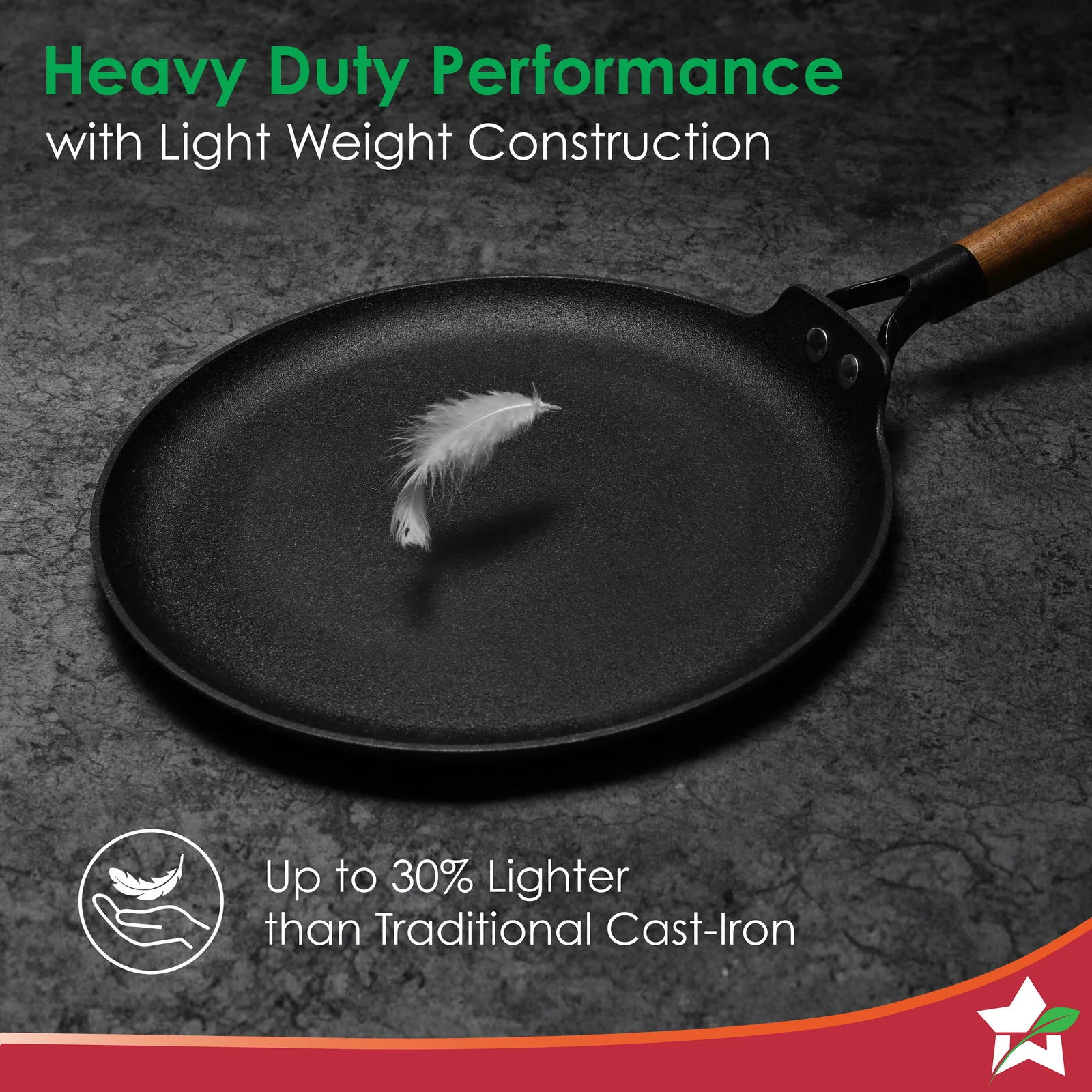 Pre-Seasoned Ferro Light 28cm Dosa Tawa | 4MM | Acacia Wooden Handles | Gravity Moulding Technology | No Chemical Coating |10 Year Warranty - Image 3