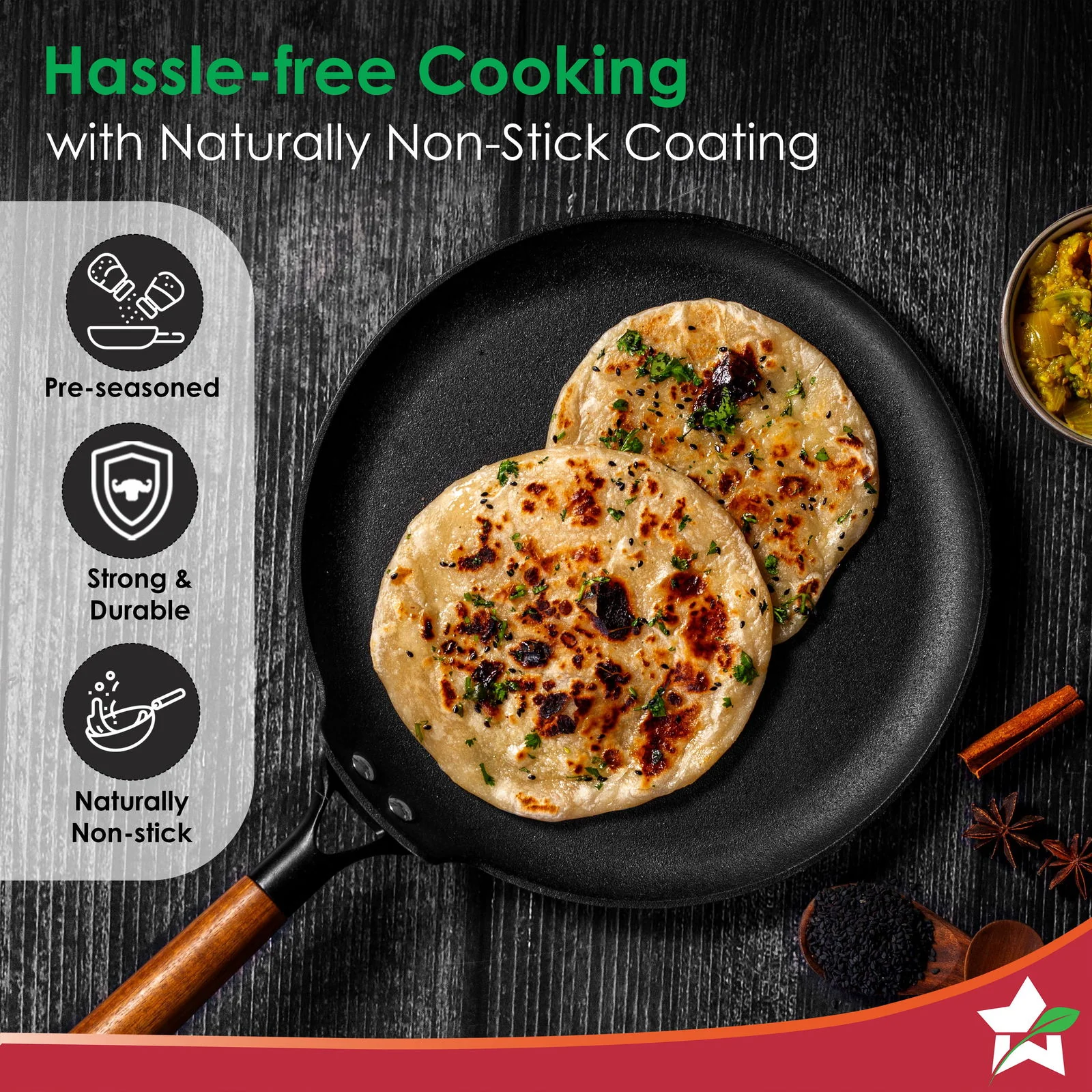 Pre-Seasoned Ferro Light 28cm Dosa Tawa | 4MM | Acacia Wooden Handles | Gravity Moulding Technology | No Chemical Coating |10 Year Warranty - Image 5