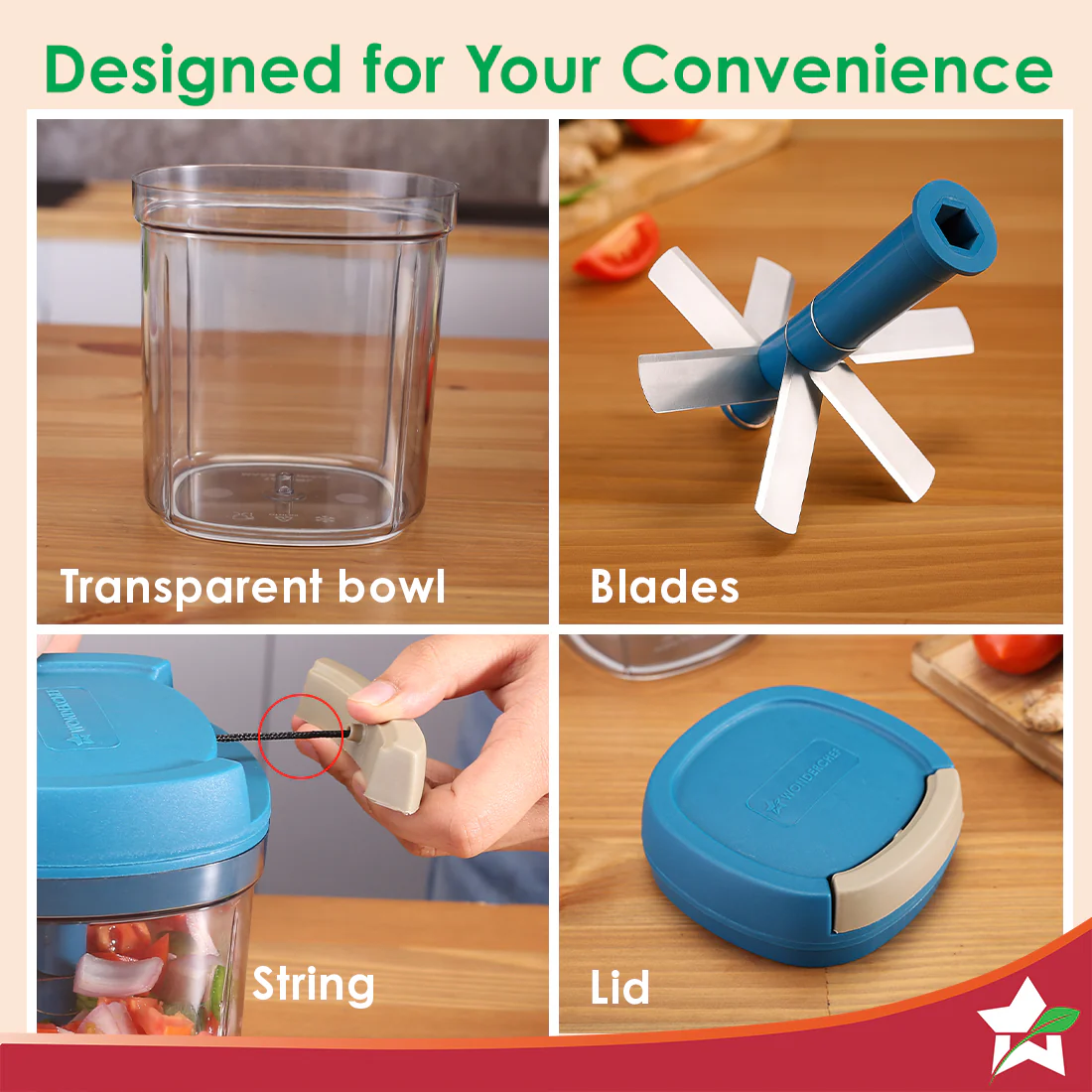 Pulse Vegetable String Chopper | Vegetable Cutter | 900ml | 6 Sharp Stainless-steel Blades for Precise Cutting | Transparent Bowl | Anti-slip Design | 1-Year Warranty - Image 6