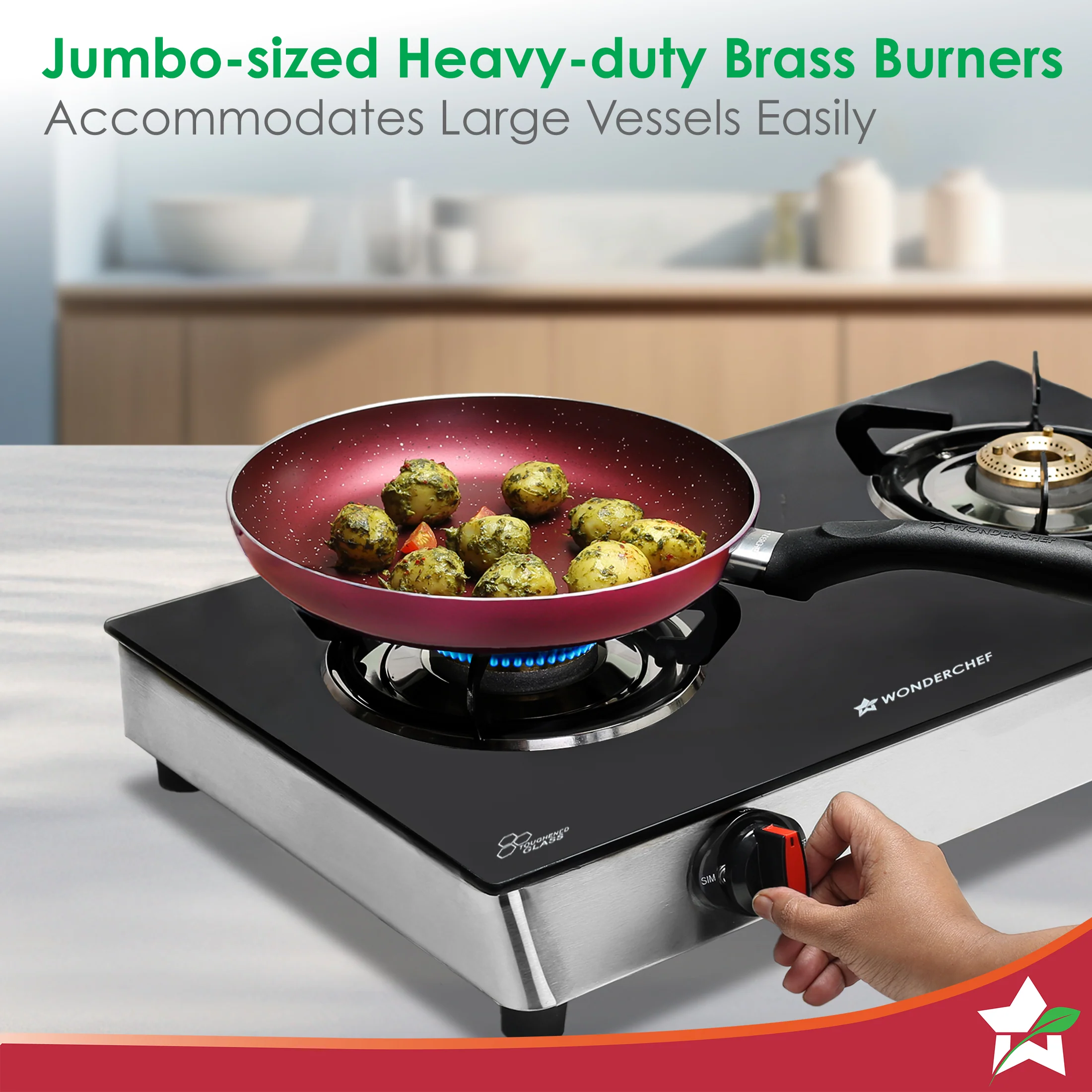 Regal 2 Brass Burner Gas Stove, LPG Gas Stove for Kitchen, ISI Toughened Glass Surface, SS Frame, Spill-proof Design, Ergonomic Knobs, 2-Yr Warranty - Image 4