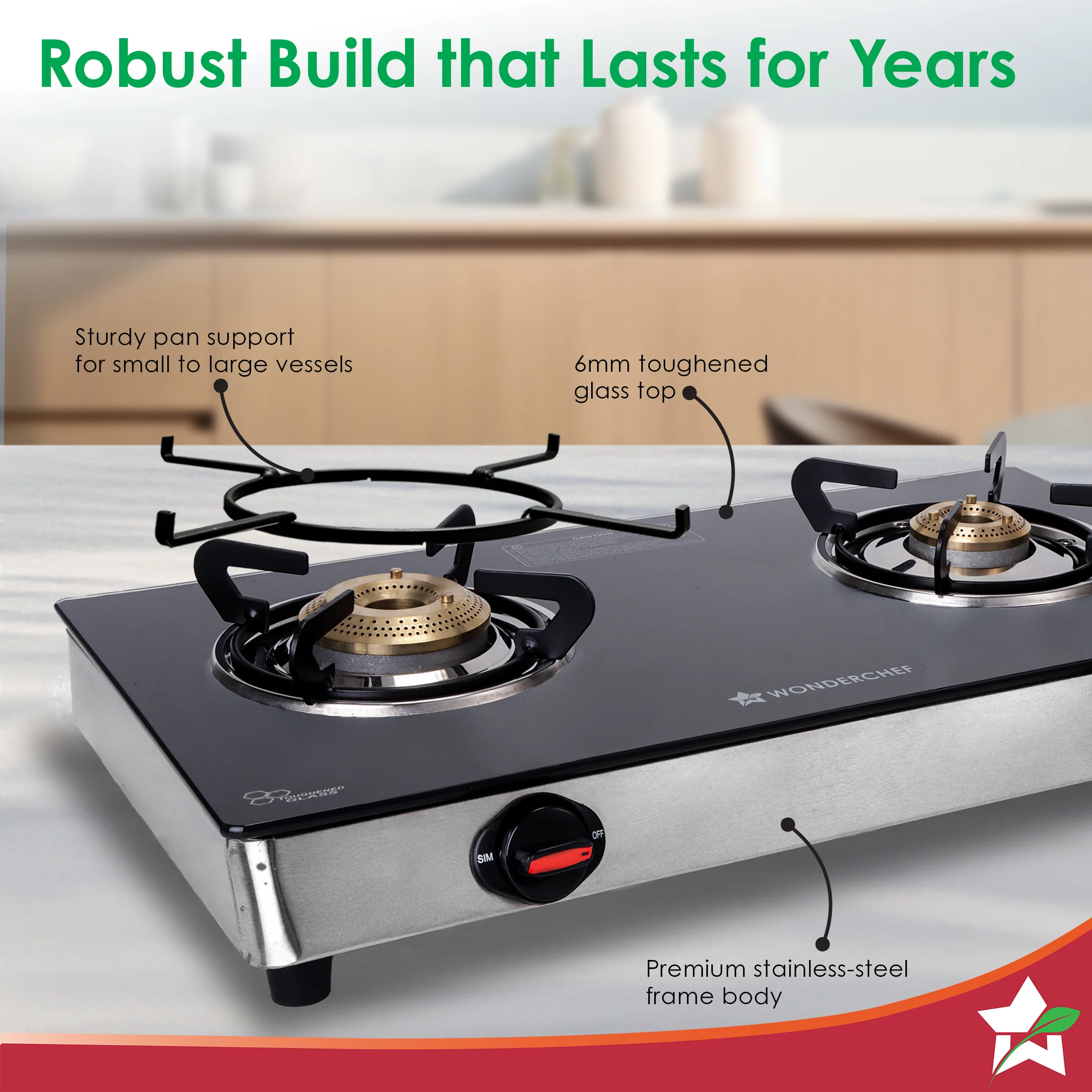 Regal 2 Brass Burner Gas Stove, LPG Gas Stove for Kitchen, ISI Toughened Glass Surface, SS Frame, Spill-proof Design, Ergonomic Knobs, 2-Yr Warranty - Image 5