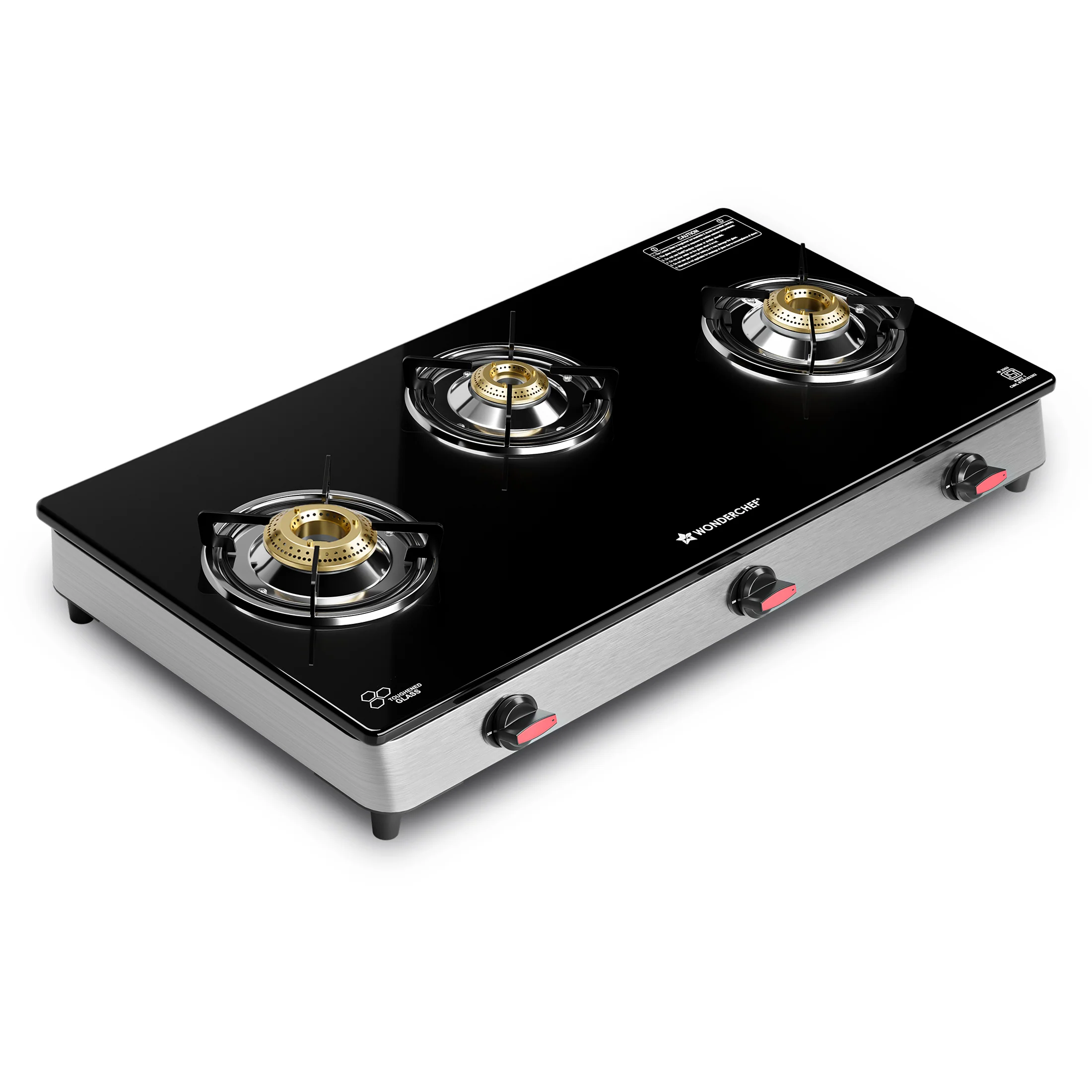 Regal 3 Brass Burner Gas Stove, LPG Gas Stove for Kitchen, ISI Toughened Glass Surface, SS Frame, Spill-proof Design, Ergonomic Knobs, 2-Yr Warranty