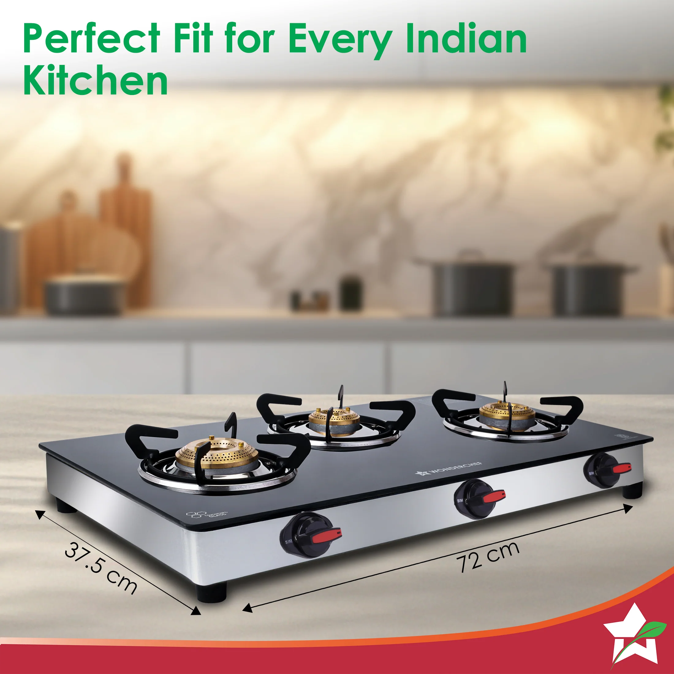 Regal 3 Brass Burner Gas Stove, LPG Gas Stove for Kitchen, ISI Toughened Glass Surface, SS Frame, Spill-proof Design, Ergonomic Knobs, 2-Yr Warranty - Image 3