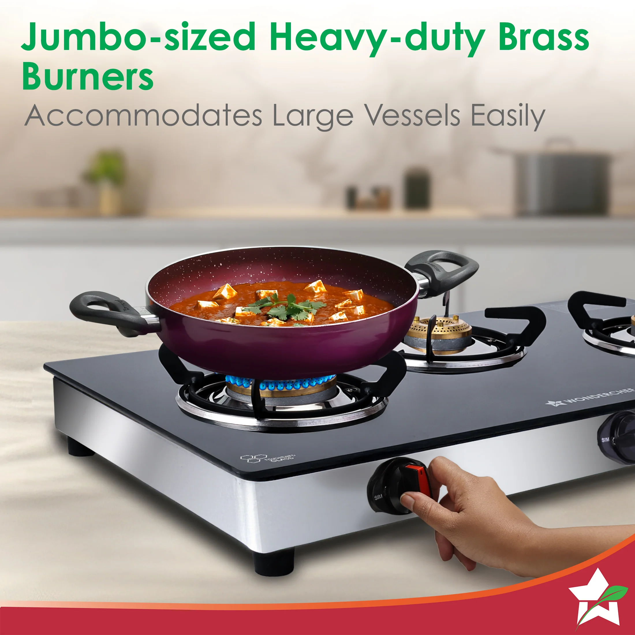 Regal 3 Brass Burner Gas Stove, LPG Gas Stove for Kitchen, ISI Toughened Glass Surface, SS Frame, Spill-proof Design, Ergonomic Knobs, 2-Yr Warranty - Image 4