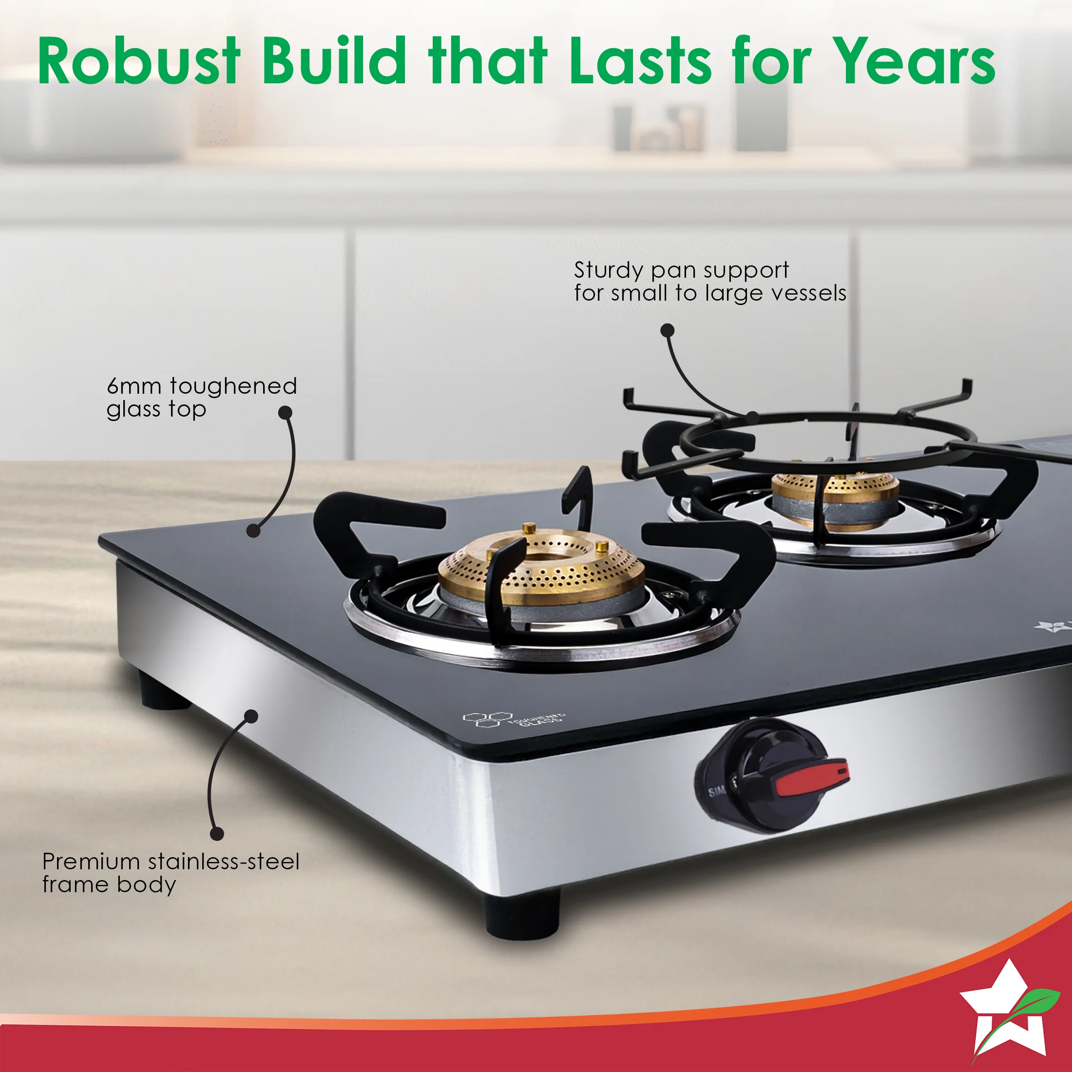 Regal 3 Brass Burner Gas Stove, LPG Gas Stove for Kitchen, ISI Toughened Glass Surface, SS Frame, Spill-proof Design, Ergonomic Knobs, 2-Yr Warranty - Image 5