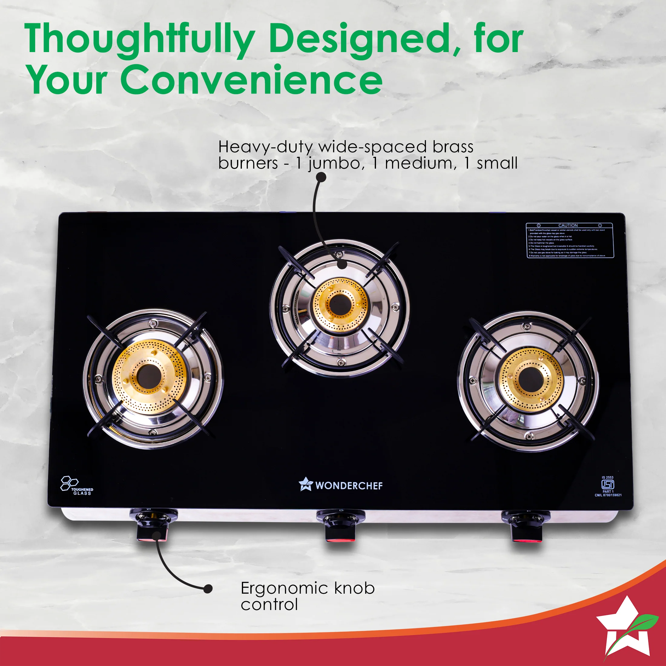 Regal 3 Brass Burner Gas Stove, LPG Gas Stove for Kitchen, ISI Toughened Glass Surface, SS Frame, Spill-proof Design, Ergonomic Knobs, 2-Yr Warranty - Image 6
