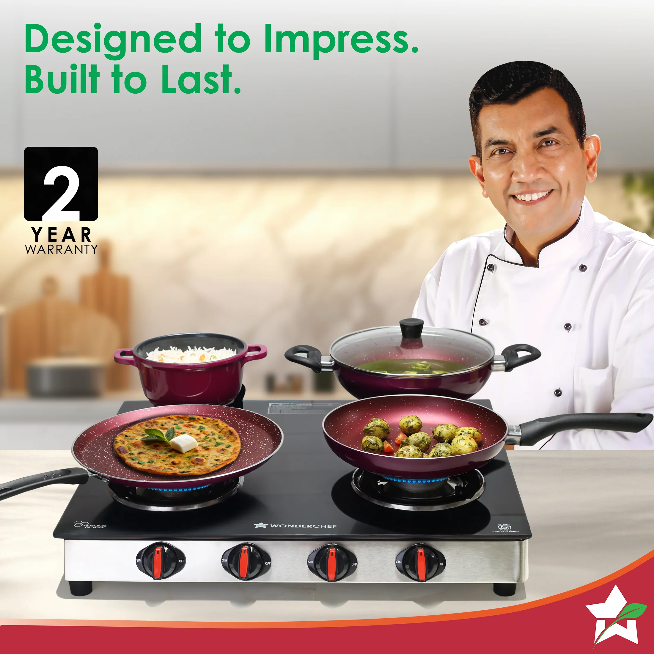 Regal 4 Brass Burner Gas Stove, LPG Gas Stove for Kitchen, ISI Toughened Glass Surface, SS Frame, Spill-proof Design, Ergonomic Knobs, 2-Yr Warranty - Image 2