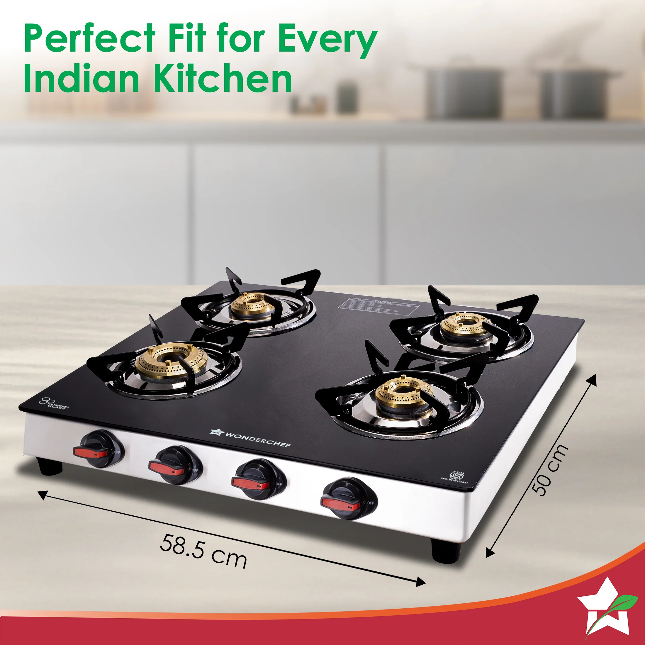 Regal 4 Brass Burner Gas Stove, LPG Gas Stove for Kitchen, ISI Toughened Glass Surface, SS Frame, Spill-proof Design, Ergonomic Knobs, 2-Yr Warranty - Image 3
