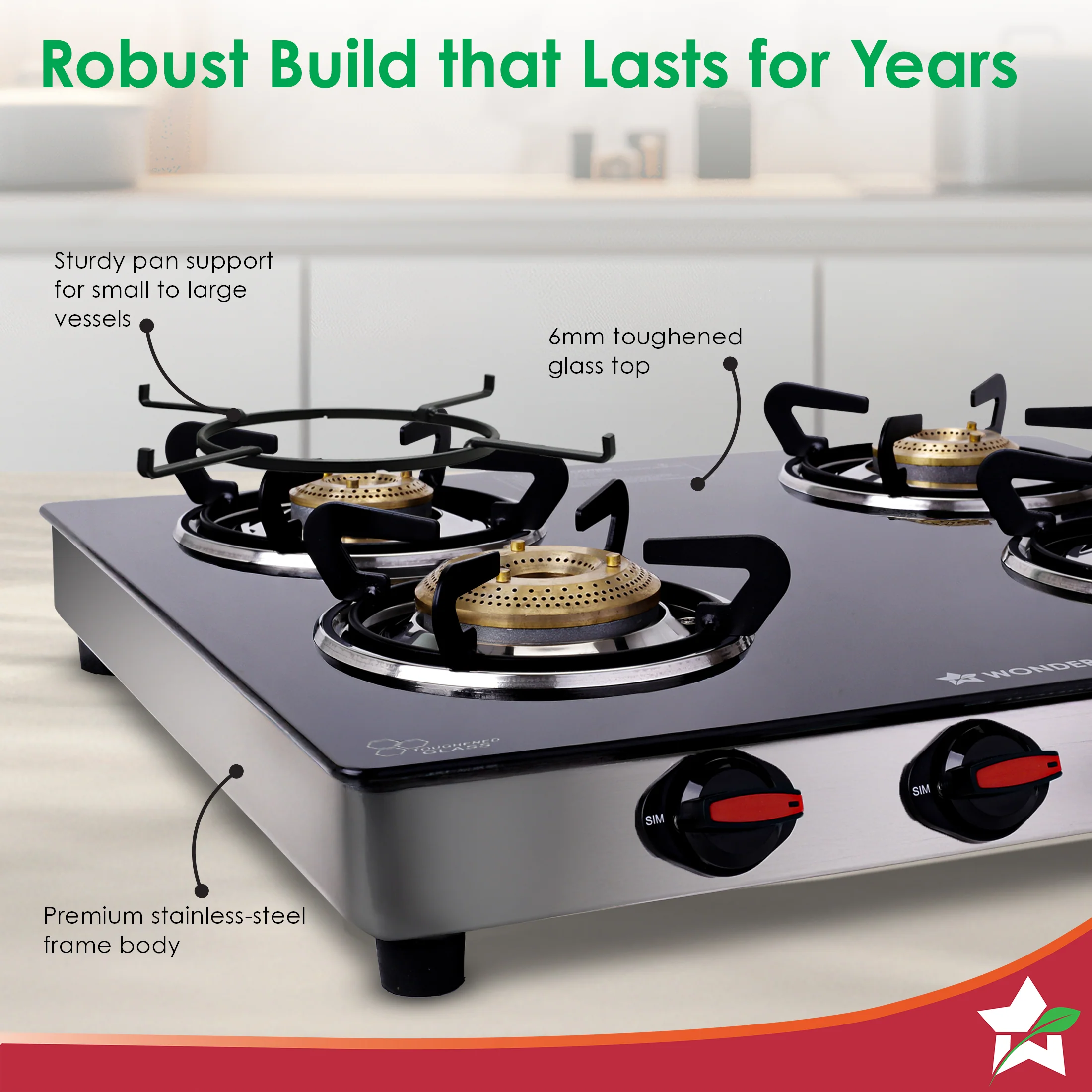 Regal 4 Brass Burner Gas Stove, LPG Gas Stove for Kitchen, ISI Toughened Glass Surface, SS Frame, Spill-proof Design, Ergonomic Knobs, 2-Yr Warranty - Image 5